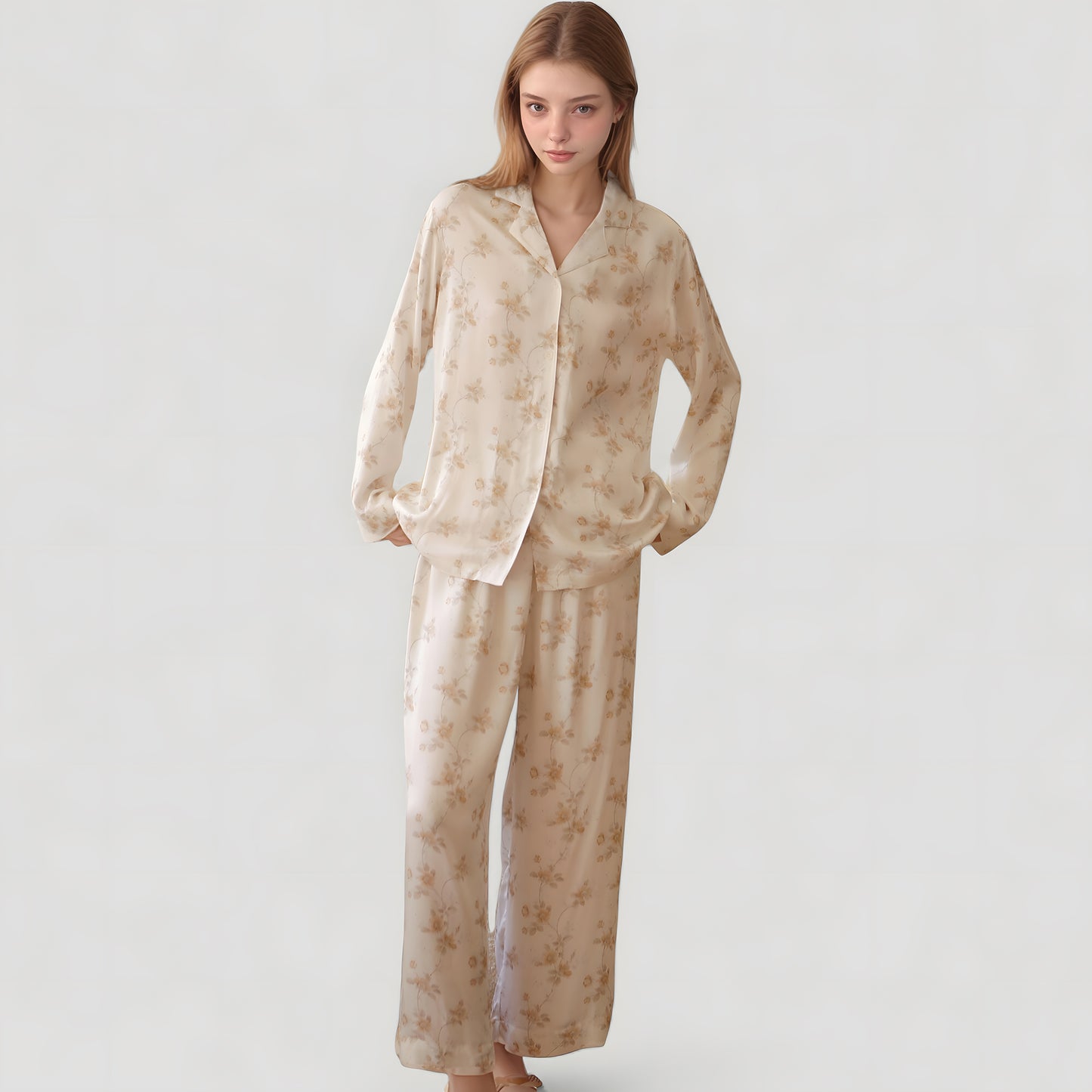 Anna-Kaci Lounge Women's Dainty Floral Print Pajama Set with Button-Up Long Sleeve Top and Relaxed Wide Leg Pants