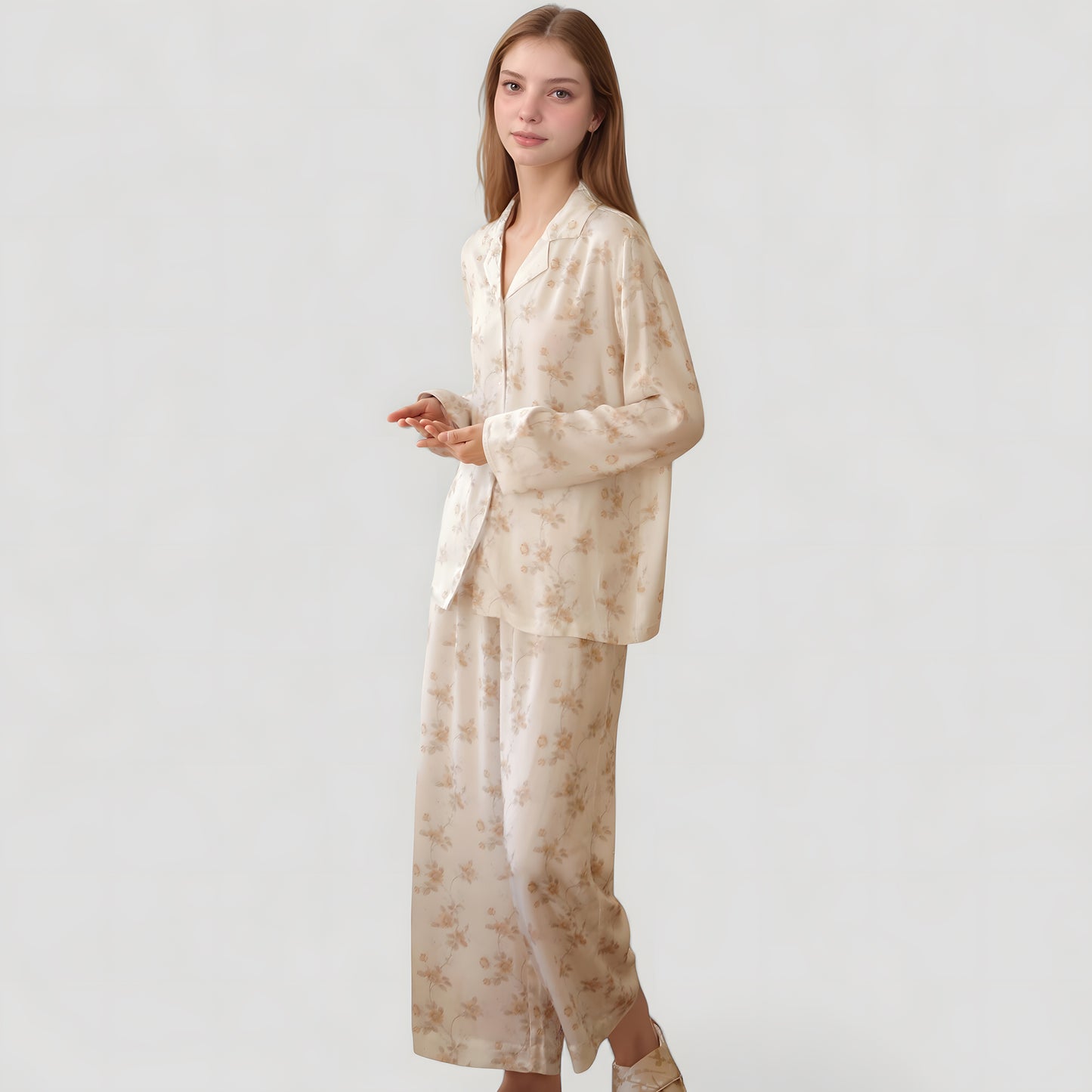 Anna-Kaci Lounge Women's Dainty Floral Print Pajama Set with Button-Up Long Sleeve Top and Relaxed Wide Leg Pants