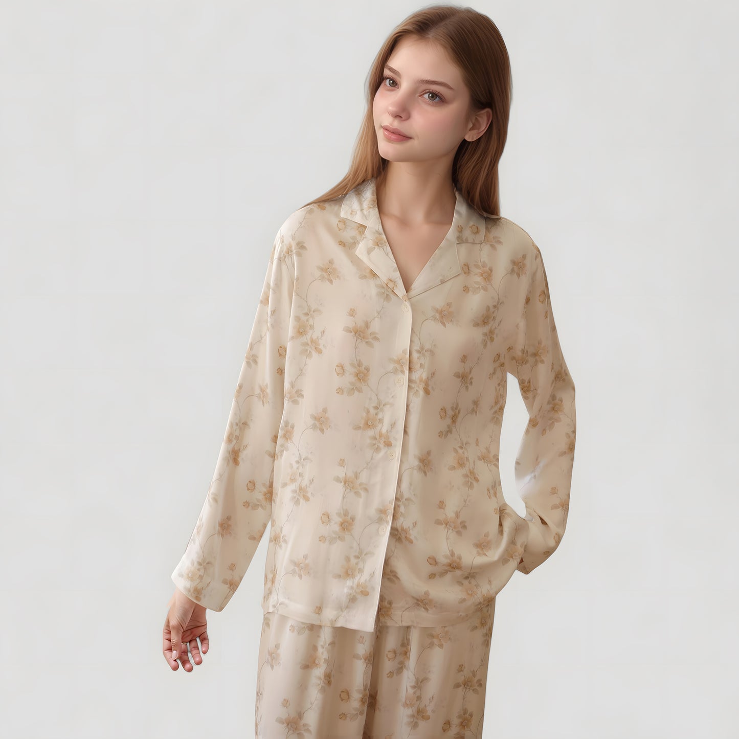 Anna-Kaci Lounge Women's Dainty Floral Print Pajama Set with Button-Up Long Sleeve Top and Relaxed Wide Leg Pants
