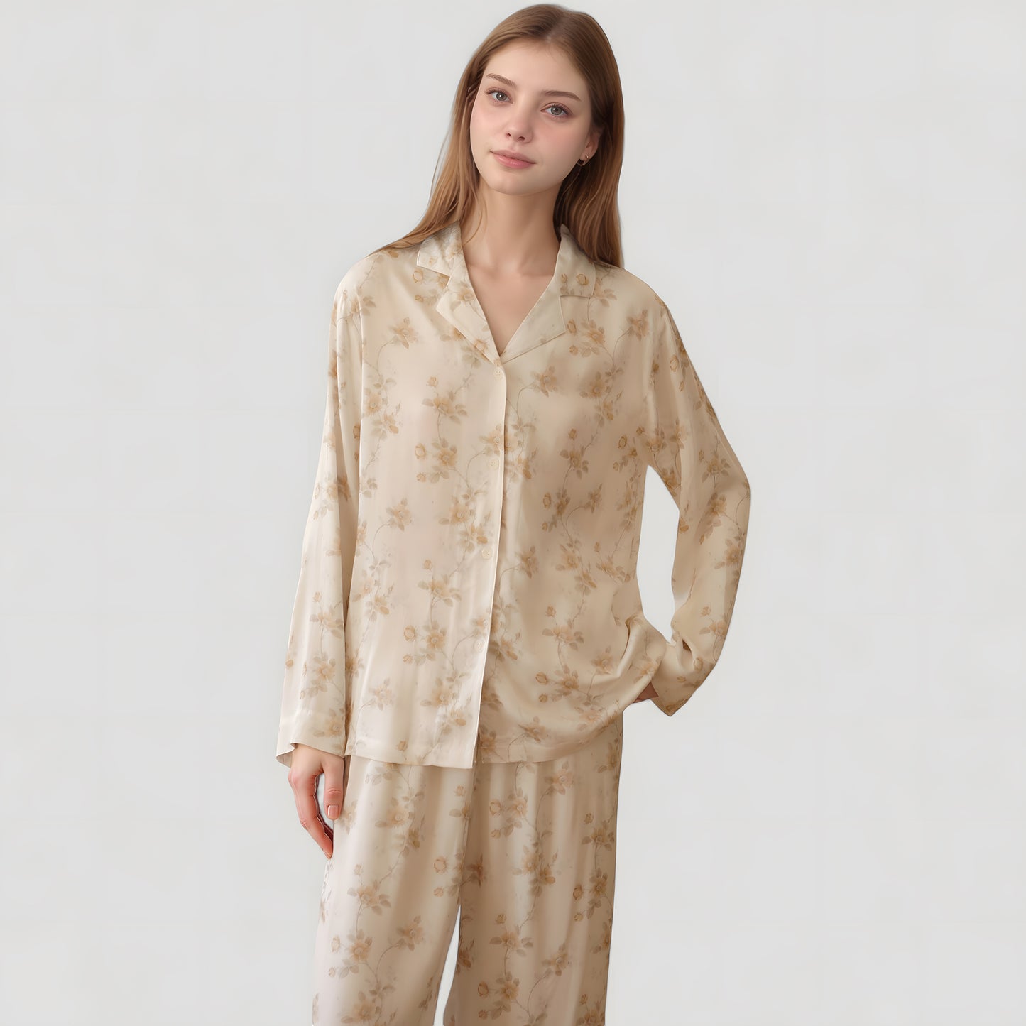 Anna-Kaci Lounge Women's Dainty Floral Print Pajama Set with Button-Up Long Sleeve Top and Relaxed Wide Leg Pants