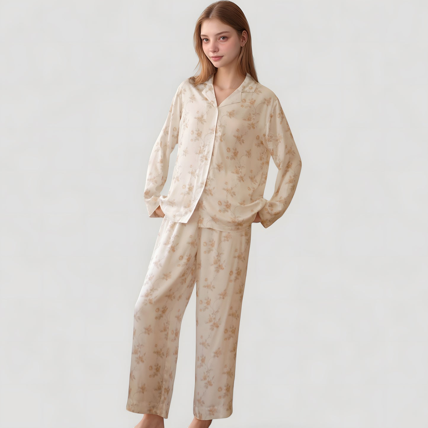 Anna-Kaci Lounge Women's Dainty Floral Print Pajama Set with Button-Up Long Sleeve Top and Relaxed Wide Leg Pants