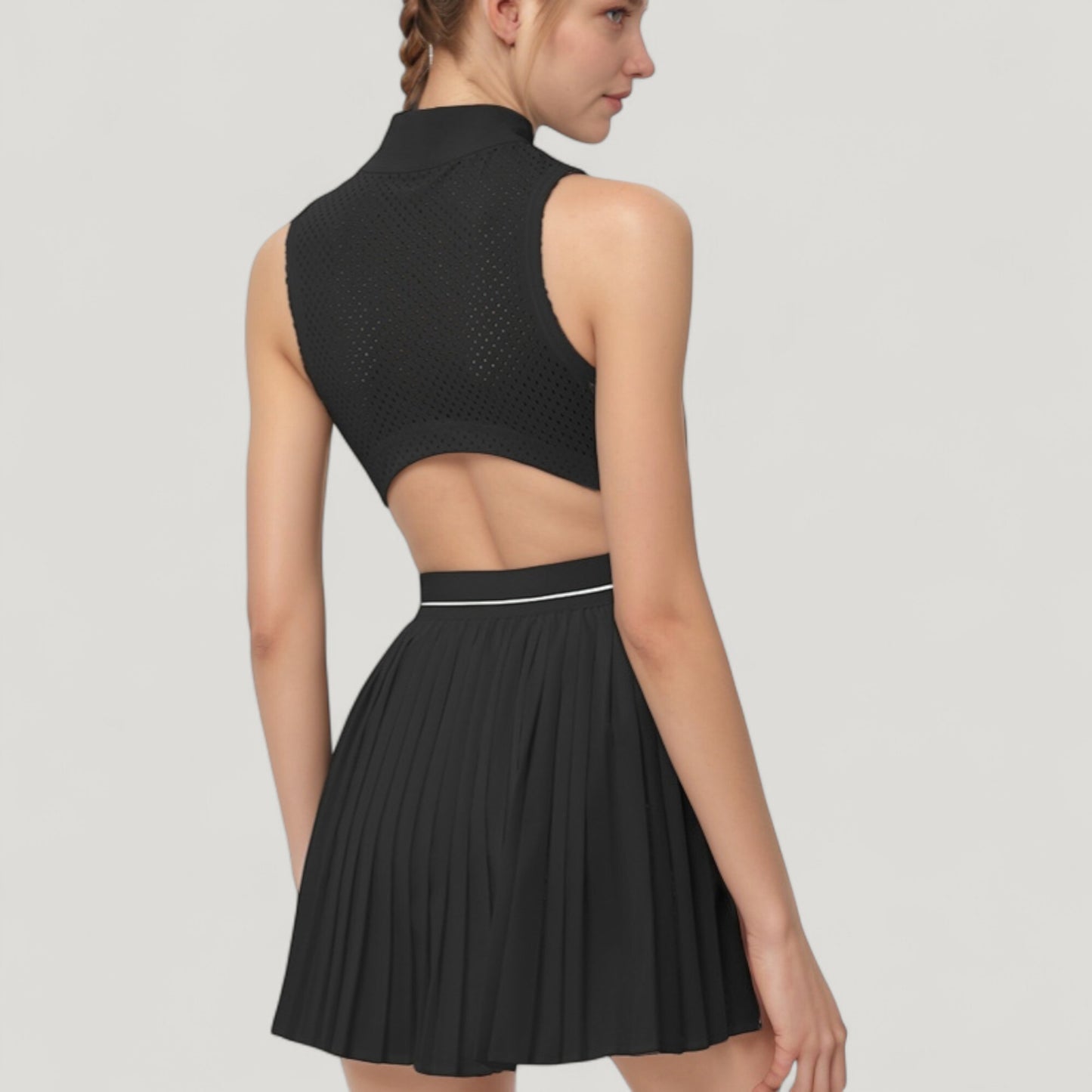 Anna-Kaci Active Women's Sleeveless Zip Front High Neck Tennis Dress with Pleated Skirt and Contrast Waist Trim