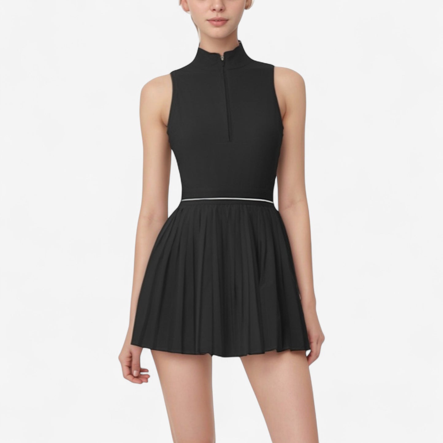 Anna-Kaci Active Women's Sleeveless Zip Front High Neck Tennis Dress with Pleated Skirt and Contrast Waist Trim