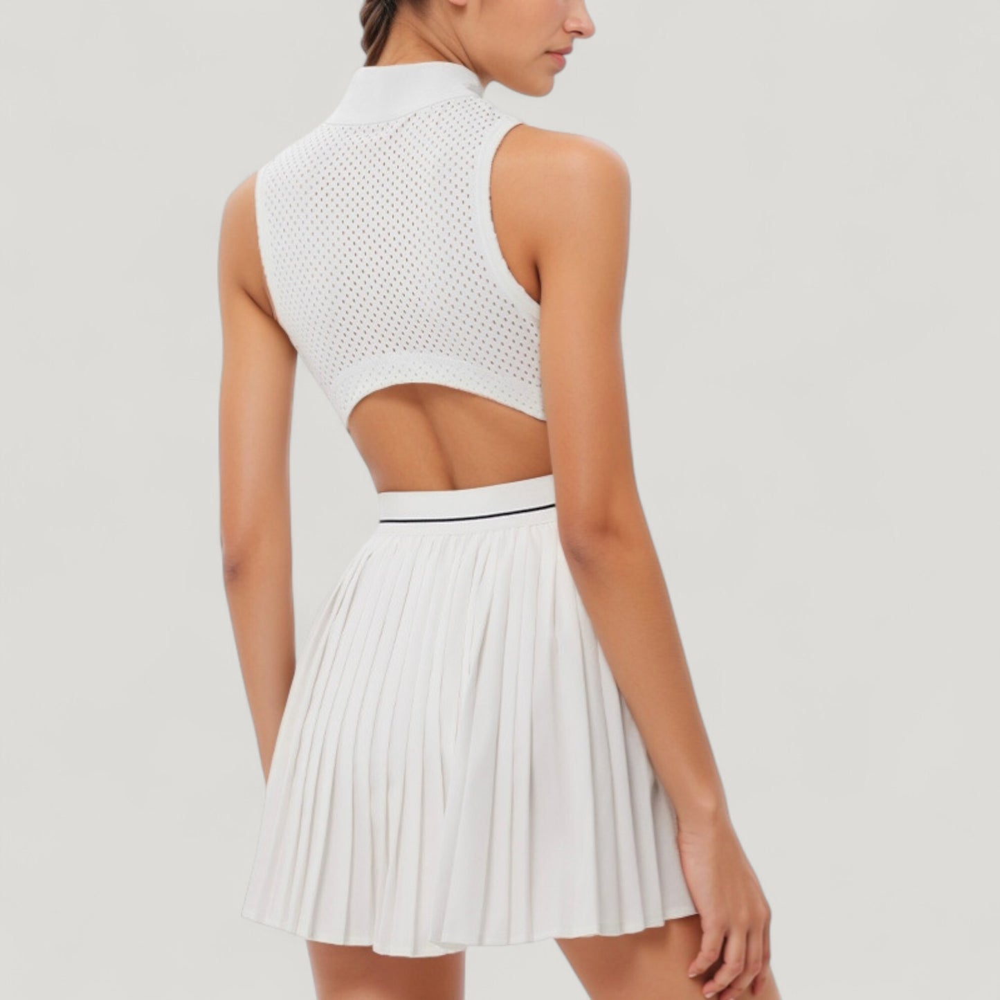 Anna-Kaci Active Women's Sleeveless Zip Front High Neck Tennis Dress with Pleated Skirt and Contrast Waist Trim