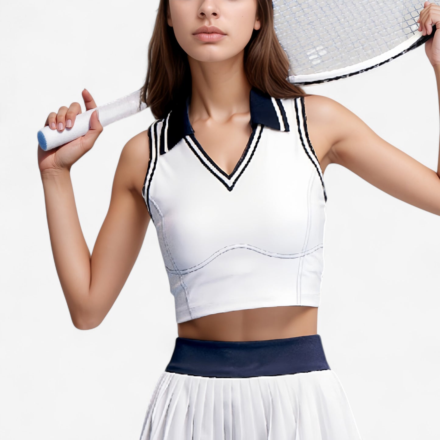 Anna-Kaci Active Women's Sleeveless Cropped Tennis Top with Contrast Collar and V-Neckline