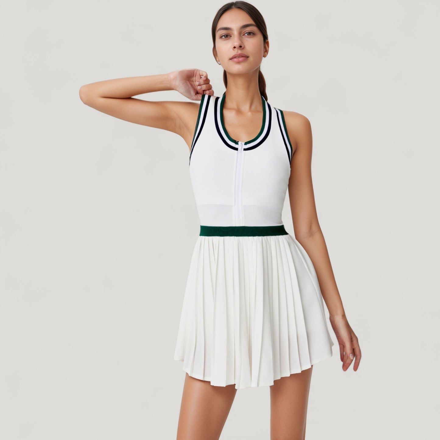 Anna-Kaci Active Women's Sleeveless Tennis Dress with Zip Front Contrast Trim Neckline and Pleated Skirt