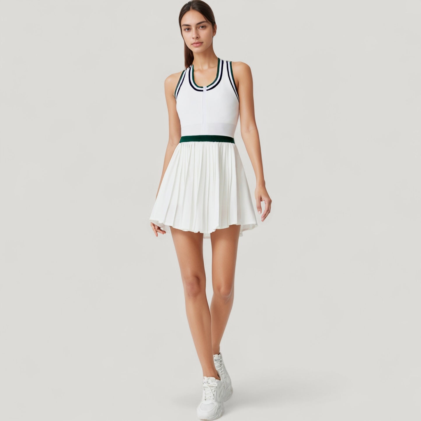 Anna-Kaci Active Women's Sleeveless Tennis Dress with Zip Front Contrast Trim Neckline and Pleated Skirt