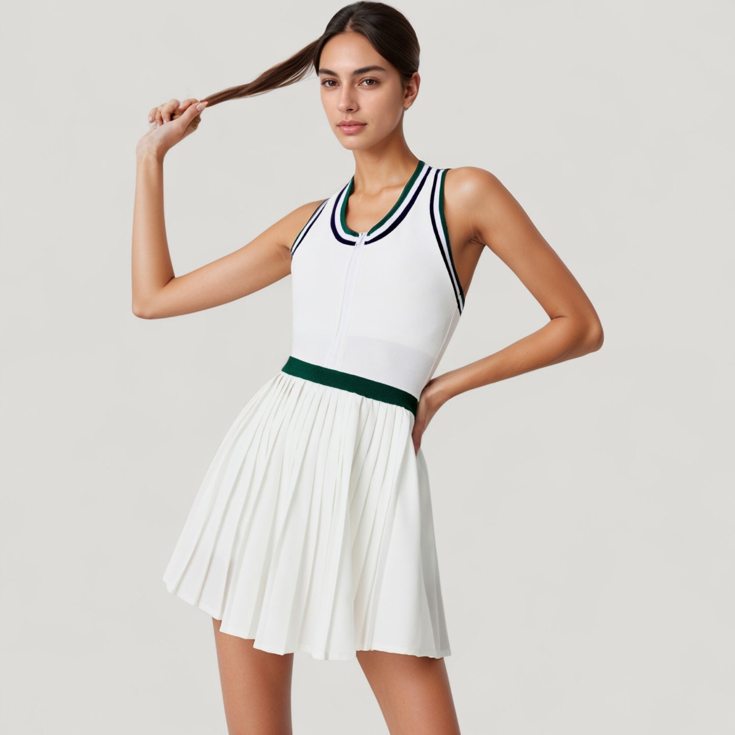 Anna-Kaci Active Women's Sleeveless Tennis Dress with Zip Front Contrast Trim Neckline and Pleated Skirt
