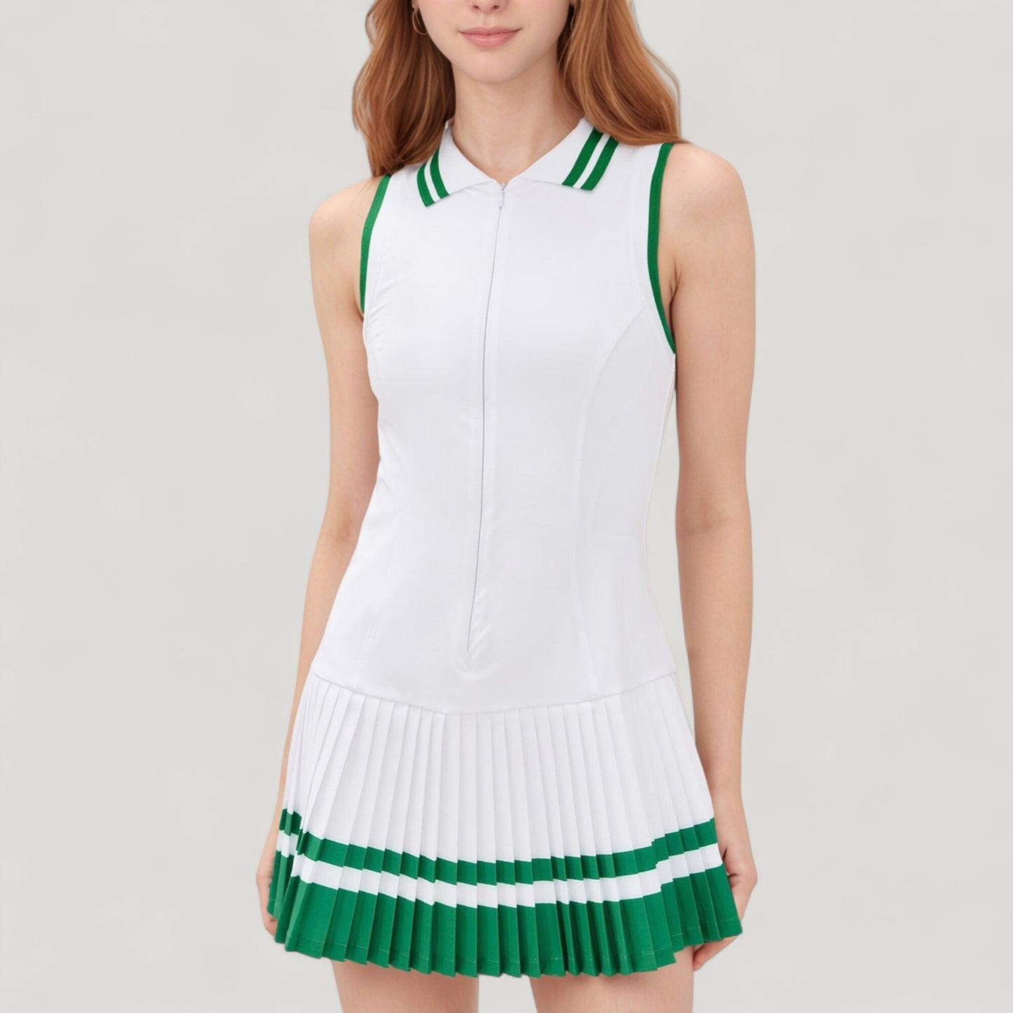 Anna-Kaci Active Women's Sleeveless Tennis Dress with Zip Front Contrast Trim Collar and Colorblock Pleated Skirt