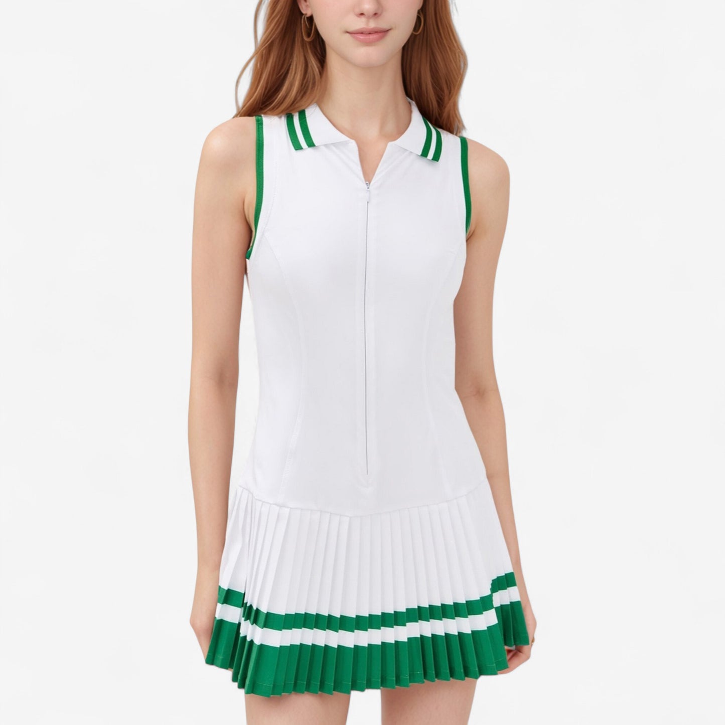 Anna-Kaci Active Women's Sleeveless Tennis Dress with Zip Front Contrast Trim Collar and Colorblock Pleated Skirt