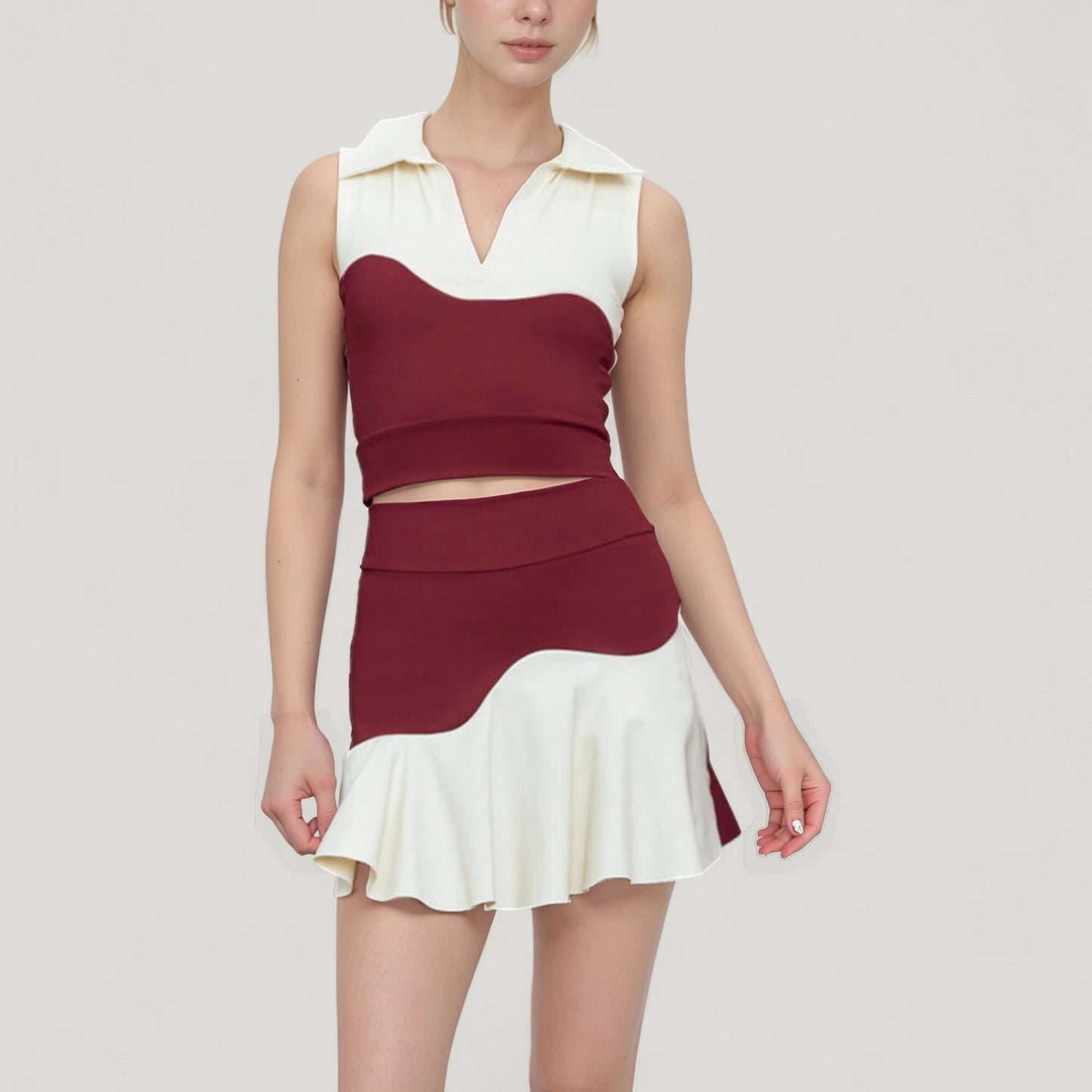 Anna-Kaci Active Women's Sleeveless Colorblock Cropped Top with Collared Neckline and Sculpted Contrast Design