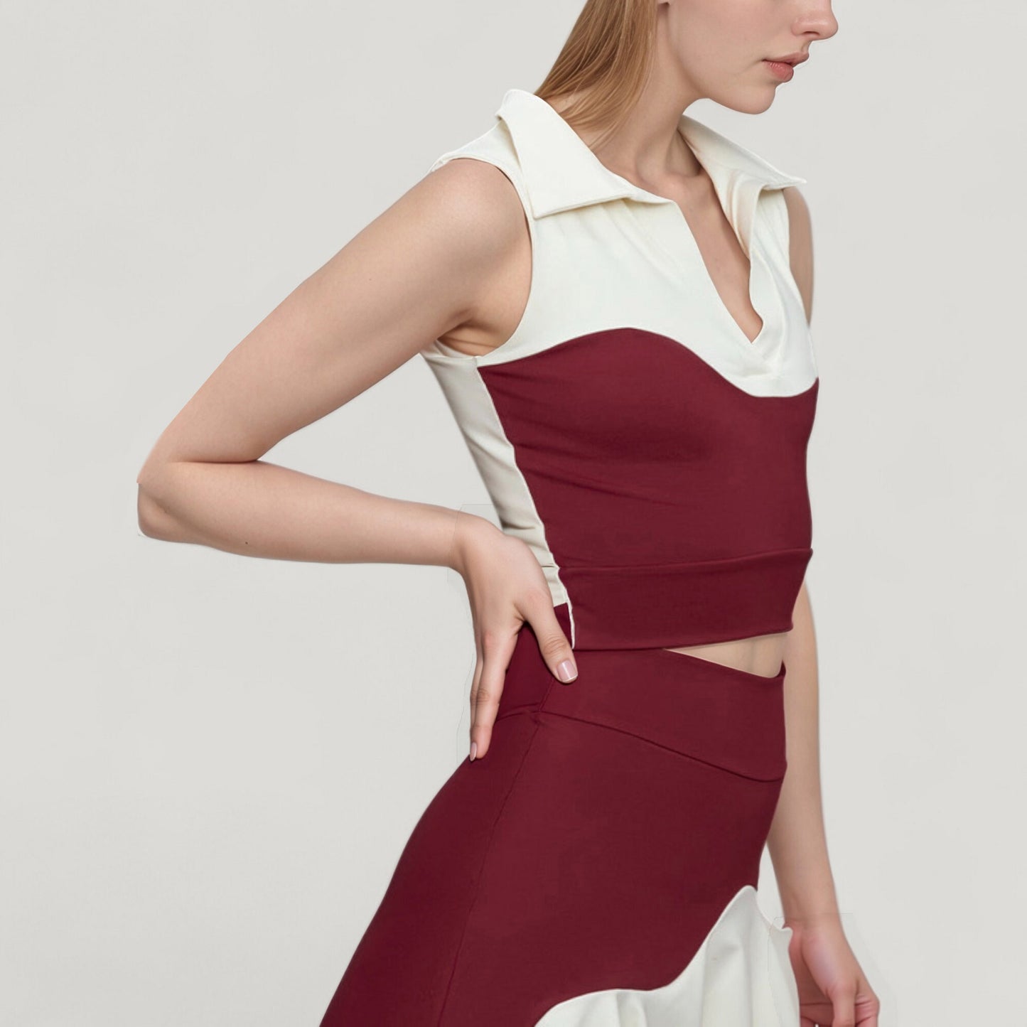 Anna-Kaci Active Women's Sleeveless Colorblock Cropped Top with Collared Neckline and Sculpted Contrast Design