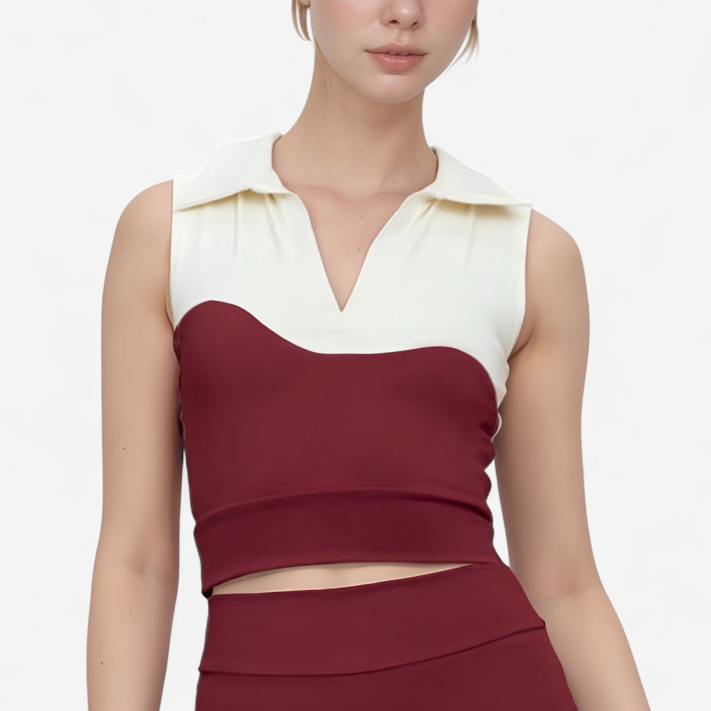 Anna-Kaci Active Women's Sleeveless Colorblock Cropped Top with Collared Neckline and Sculpted Contrast Design