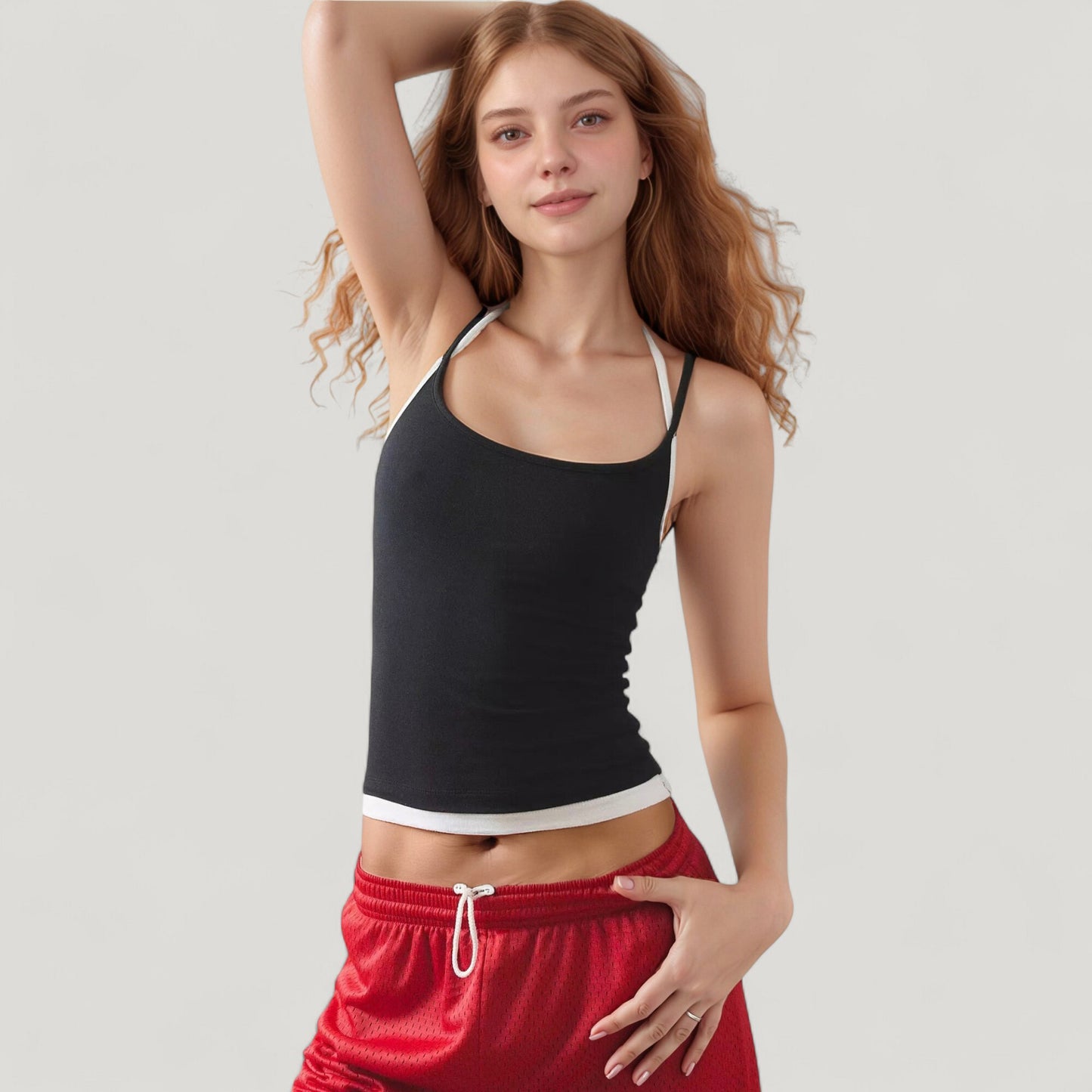 Anna-Kaci Active Women's Contrast Trim Halter Tank Top with Fitted Silhouette and Double Strap Detail