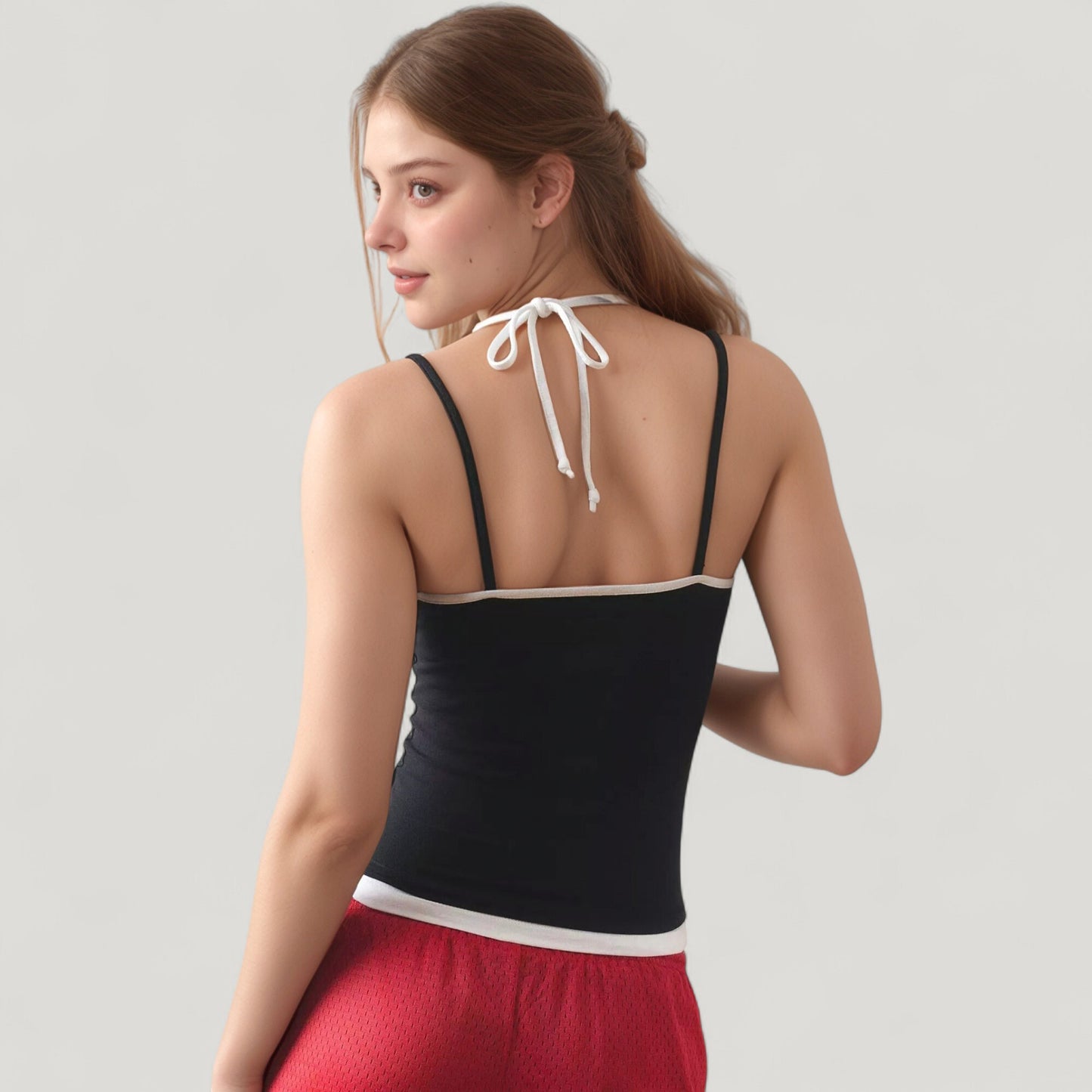 Anna-Kaci Active Women's Contrast Trim Halter Tank Top with Fitted Silhouette and Double Strap Detail