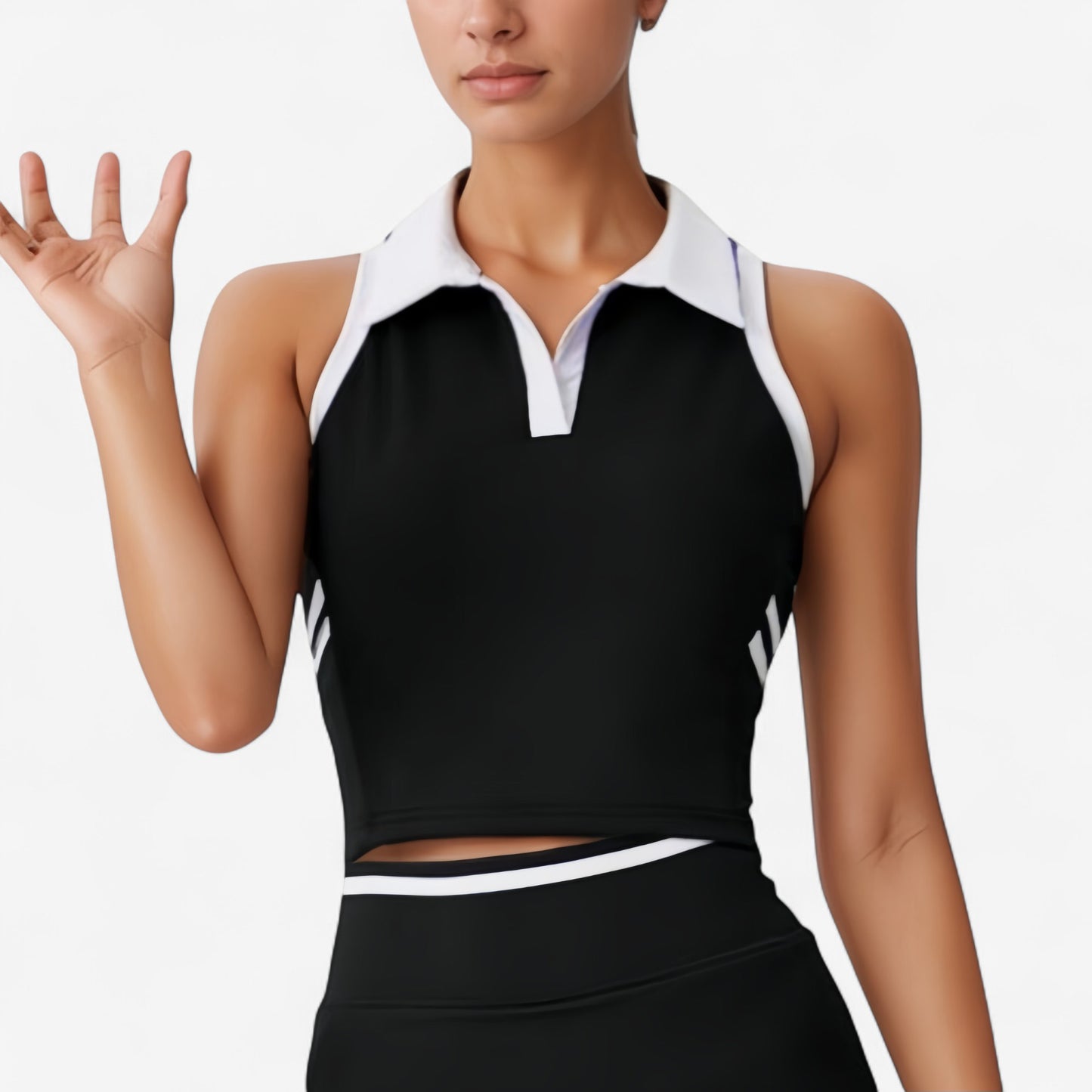 Anna-Kaci Active Women's Sleeveless Cropped Polo Top with Contrast Collar and Side Stripe Detail