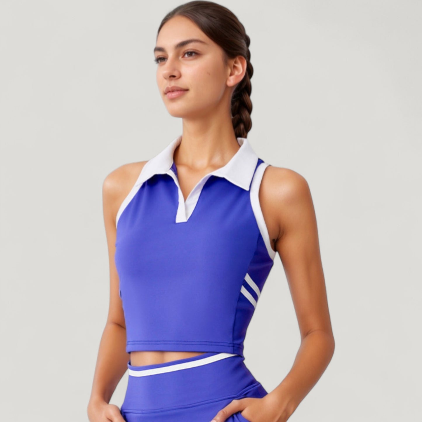 Anna-Kaci Active Women's Sleeveless Cropped Polo Top with Contrast Collar and Side Stripe Detail