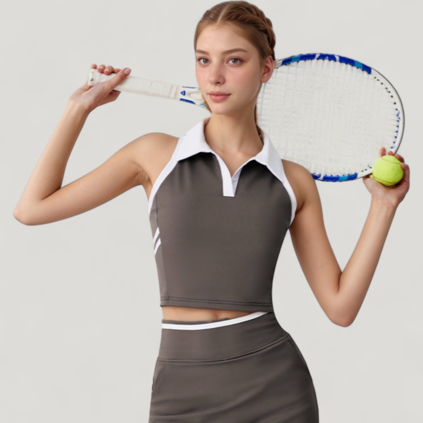 Anna-Kaci Active Women's Sleeveless Cropped Polo Top with Contrast Collar and Side Stripe Detail