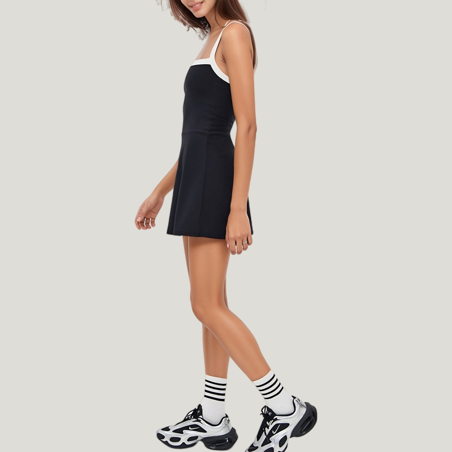 Anna-Kaci Active Women's Square Neck Active Dress with Contrast Trim Straps and Fitted Flare Silhouette