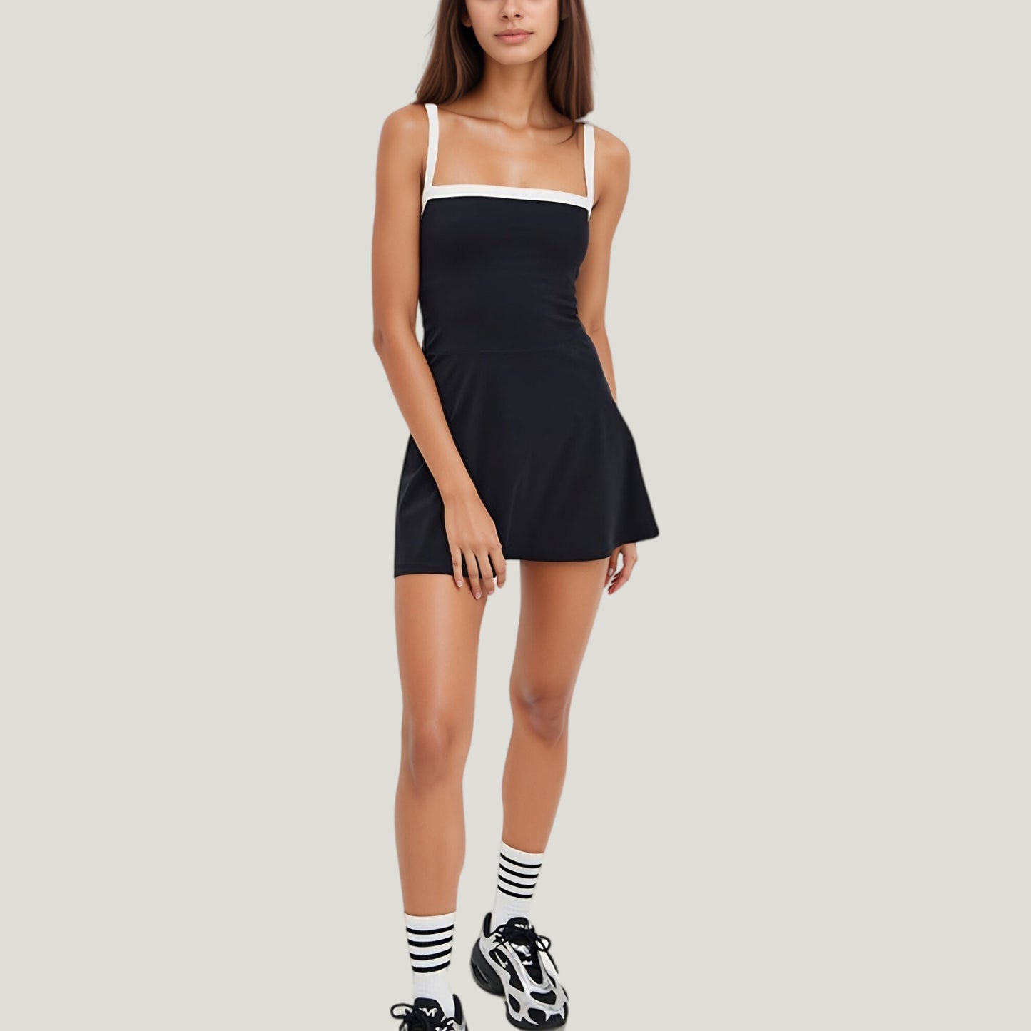 Anna-Kaci Active Women's Square Neck Active Dress with Contrast Trim Straps and Fitted Flare Silhouette