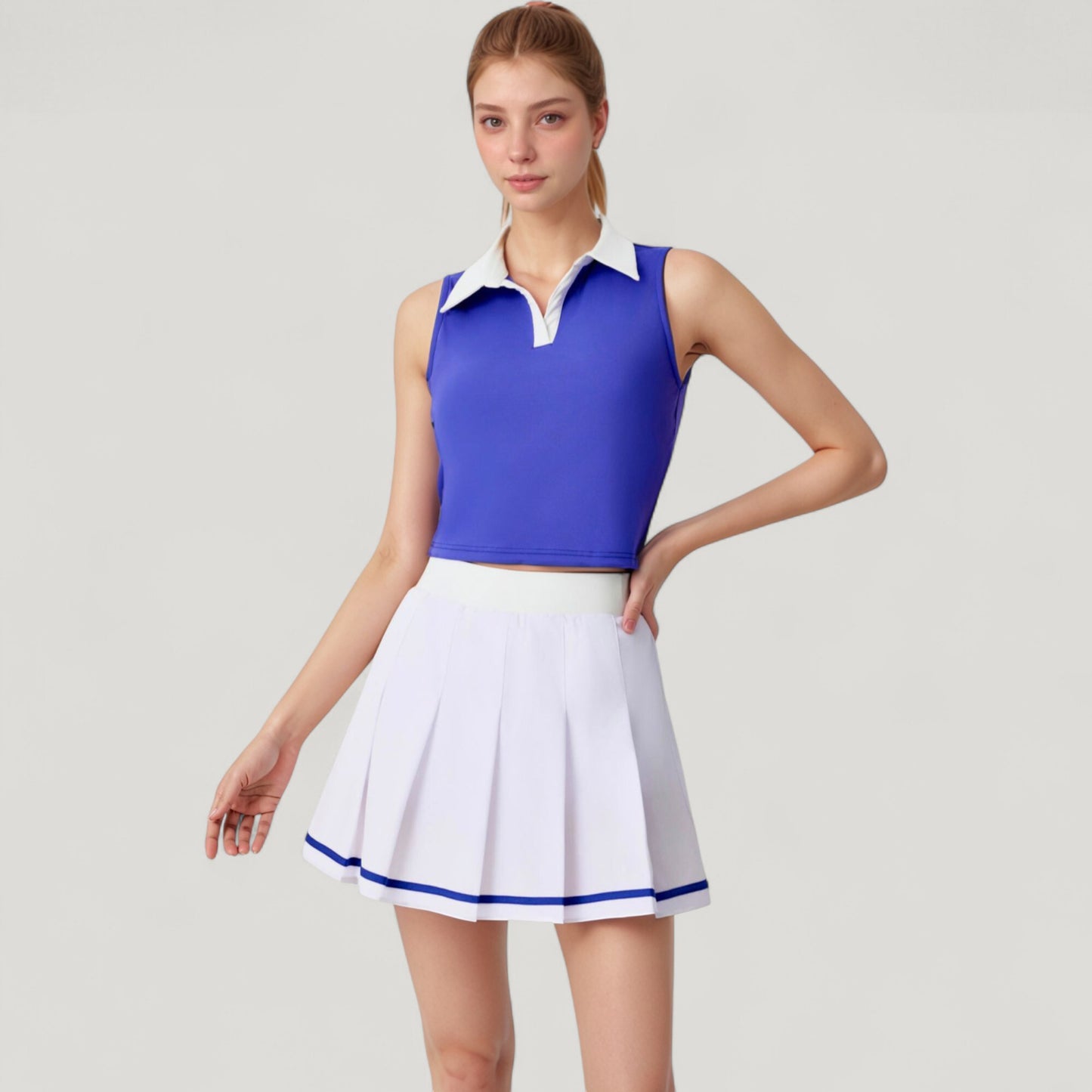 Anna-Kaci Active Women's Two-Piece Tennis Set with Sleeveless Polo Crop Top and Pleated High Waist Skirt