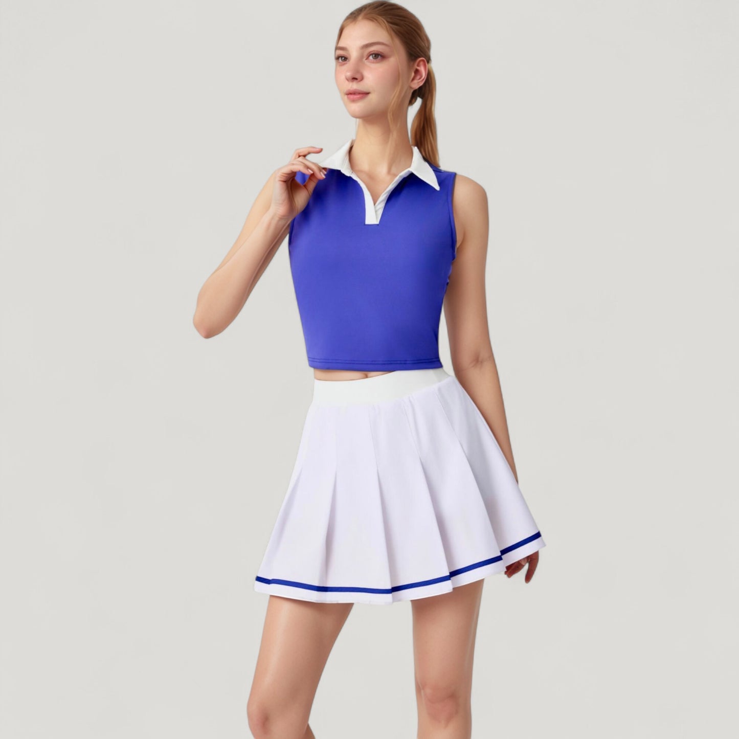 Anna-Kaci Active Women's Two-Piece Tennis Set with Sleeveless Polo Crop Top and Pleated High Waist Skirt