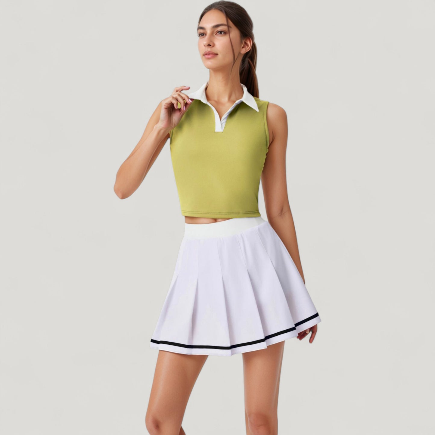Anna-Kaci Active Women's Two-Piece Tennis Set with Sleeveless Polo Crop Top and Pleated High Waist Skirt
