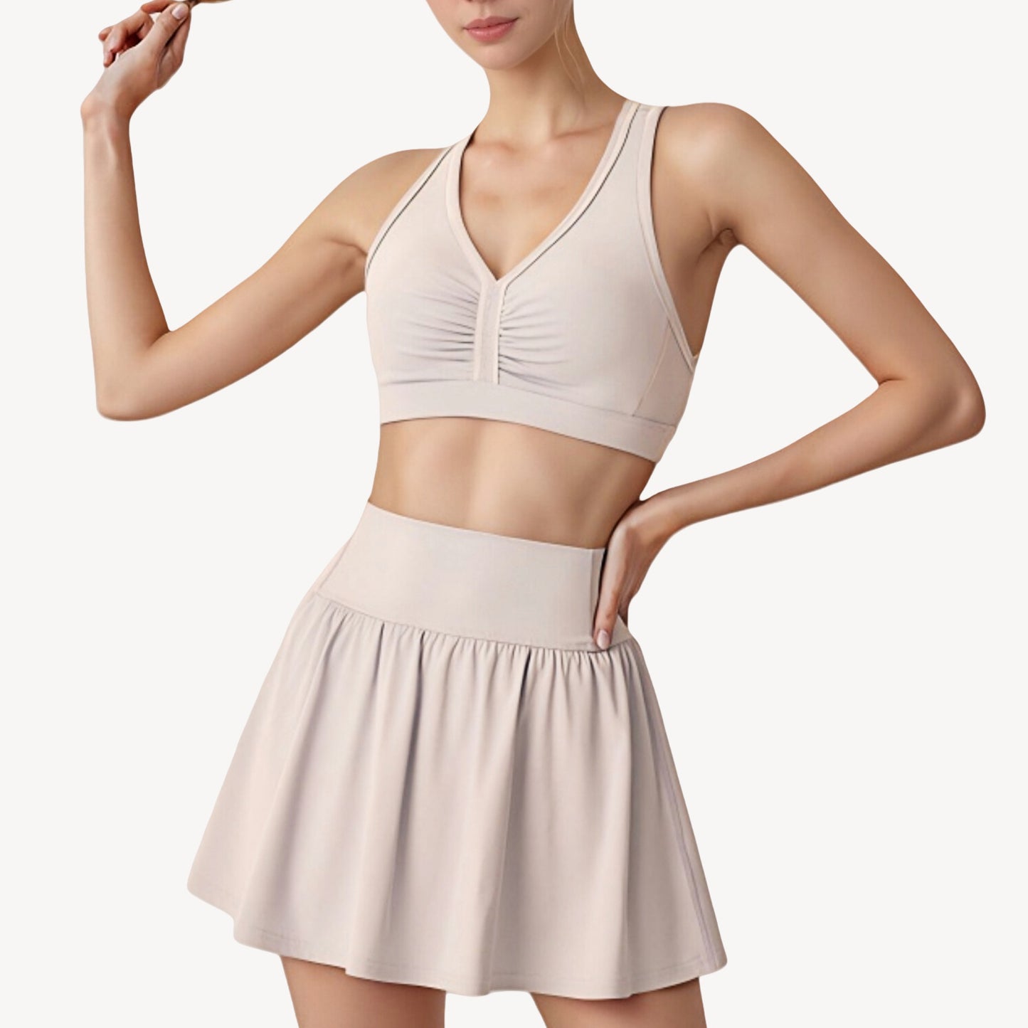 Anna-Kaci Active Women's Two-Piece Activewear Set with V-Neck Ruched Sports Bra and High Waist Flare Skirt