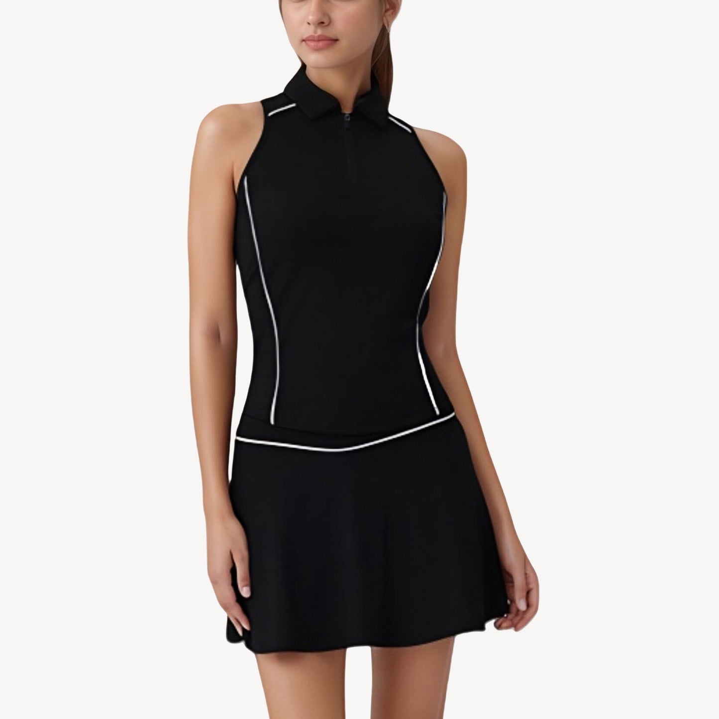 Anna-Kaci Active Women's Sleeveless Performance Polo Tank with Zip Neckline and Contrast Piping for Golf and Tennis