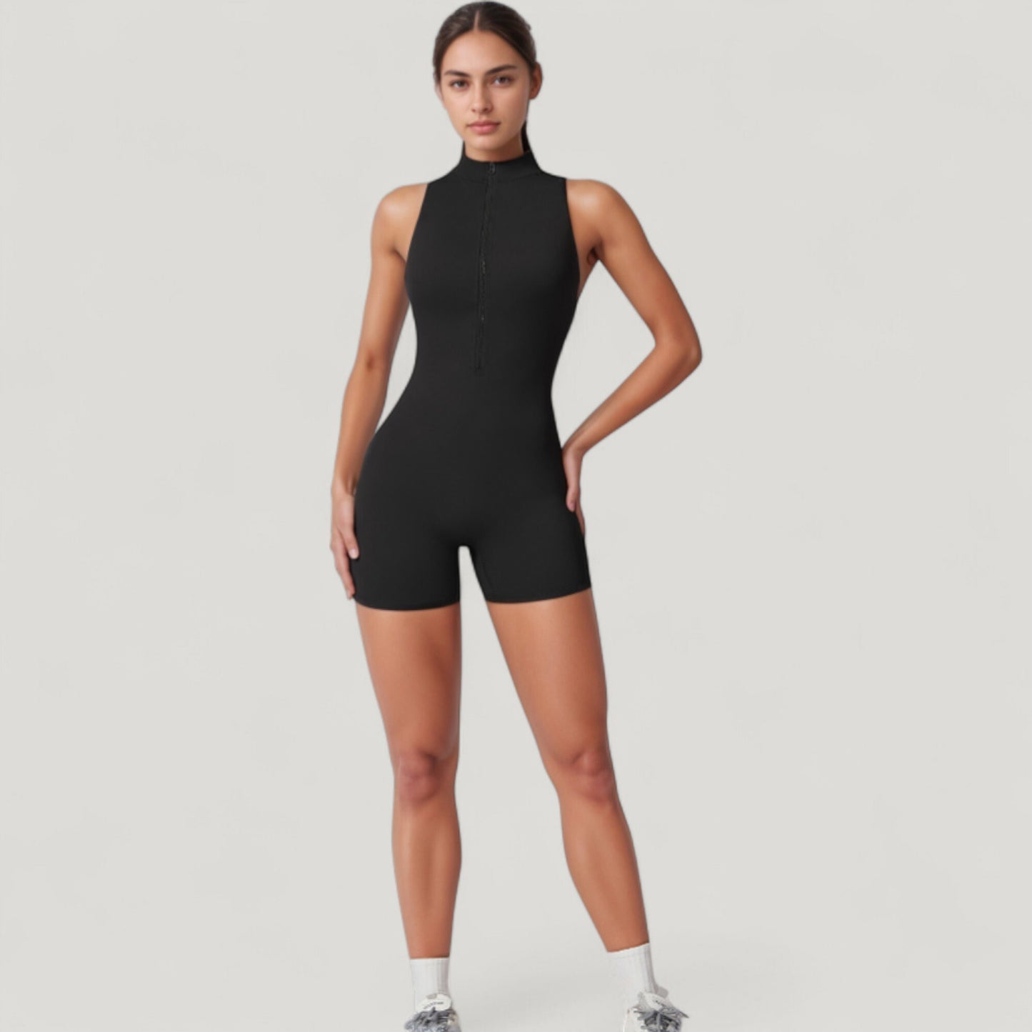 Anna-Kaci Active Women's Sleeveless Zip Front Active Romper with High Neck and Fitted Stretch Fabric