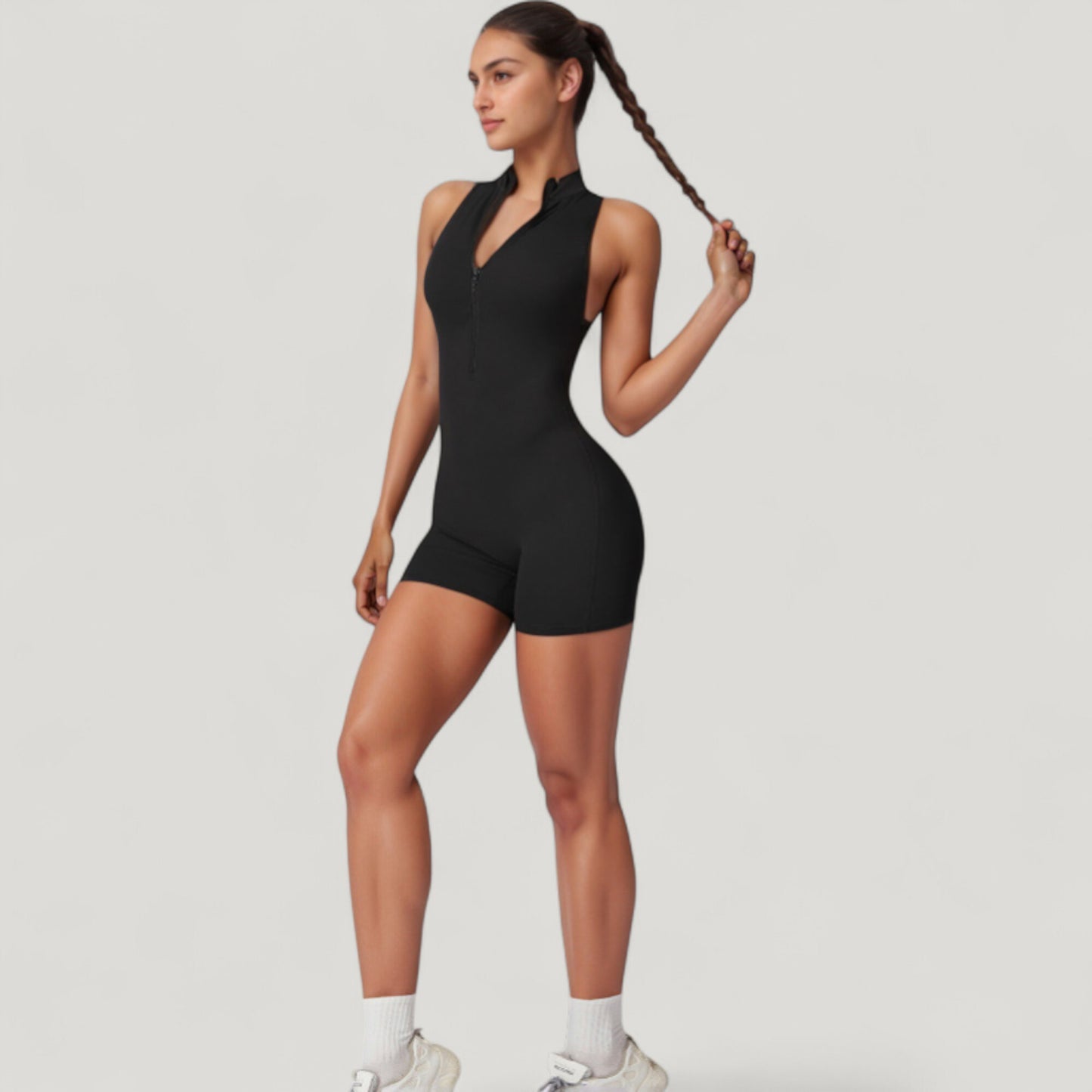 Anna-Kaci Active Women's Sleeveless Zip Front Active Romper with High Neck and Fitted Stretch Fabric