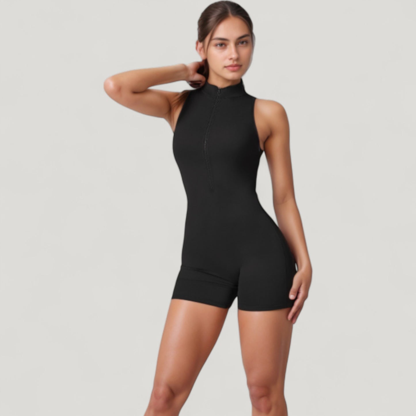 Anna-Kaci Active Women's Sleeveless Zip Front Active Romper with High Neck and Fitted Stretch Fabric