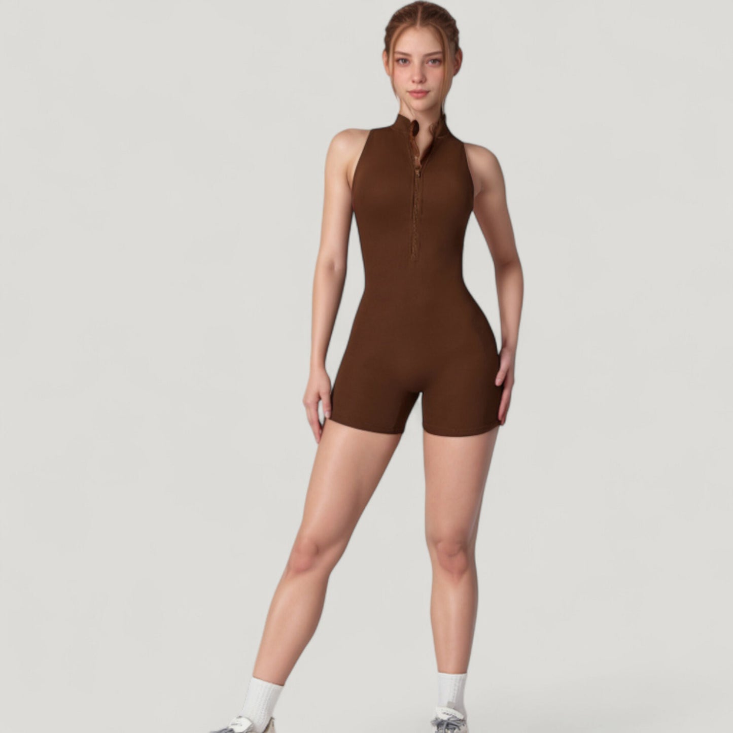 Anna-Kaci Active Women's Sleeveless Zip Front Active Romper with High Neck and Fitted Stretch Fabric
