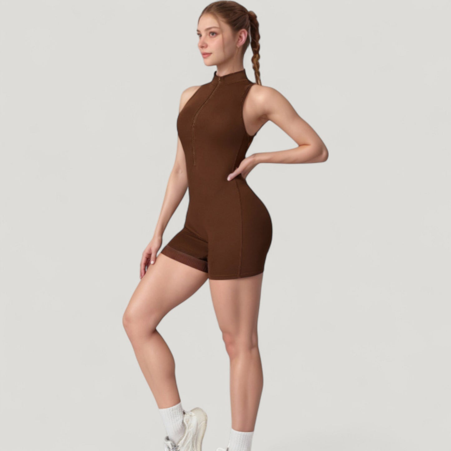 Anna-Kaci Active Women's Sleeveless Zip Front Active Romper with High Neck and Fitted Stretch Fabric