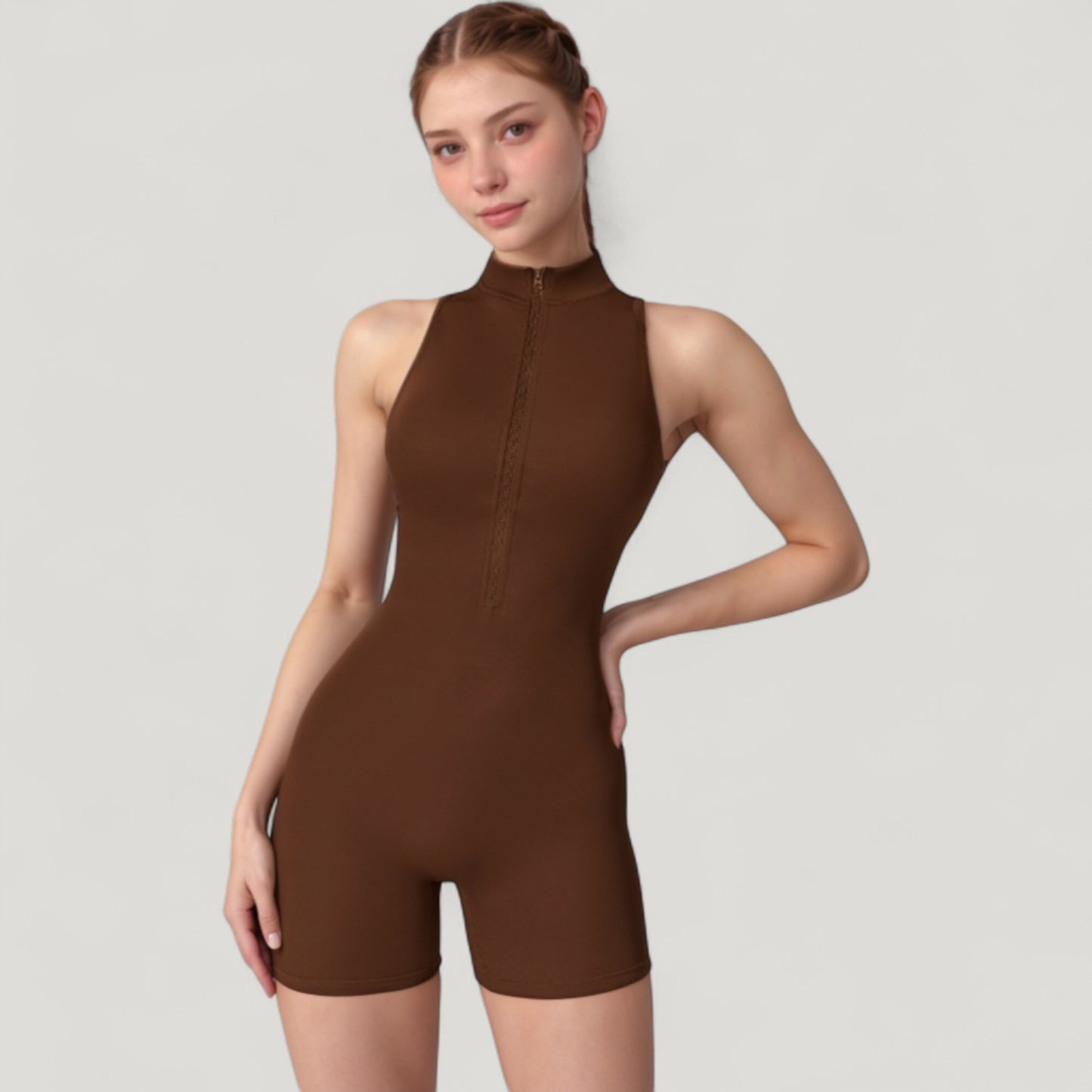 Anna-Kaci Active Women's Sleeveless Zip Front Active Romper with High Neck and Fitted Stretch Fabric
