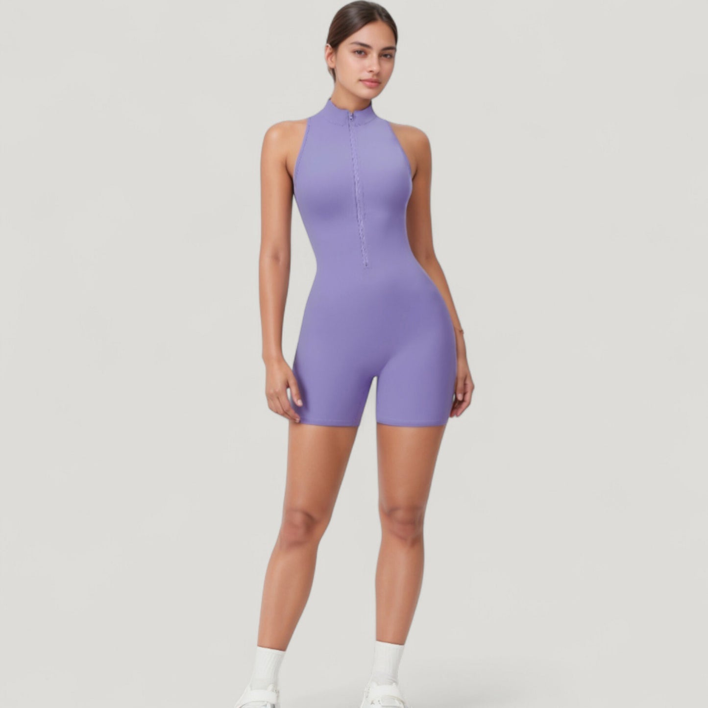Anna-Kaci Active Women's Sleeveless Zip Front Active Romper with High Neck and Fitted Stretch Fabric