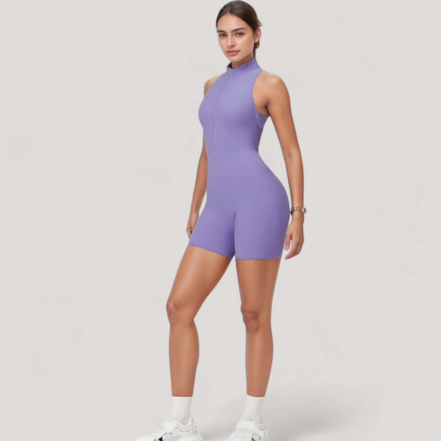 Anna-Kaci Active Women's Sleeveless Zip Front Active Romper with High Neck and Fitted Stretch Fabric