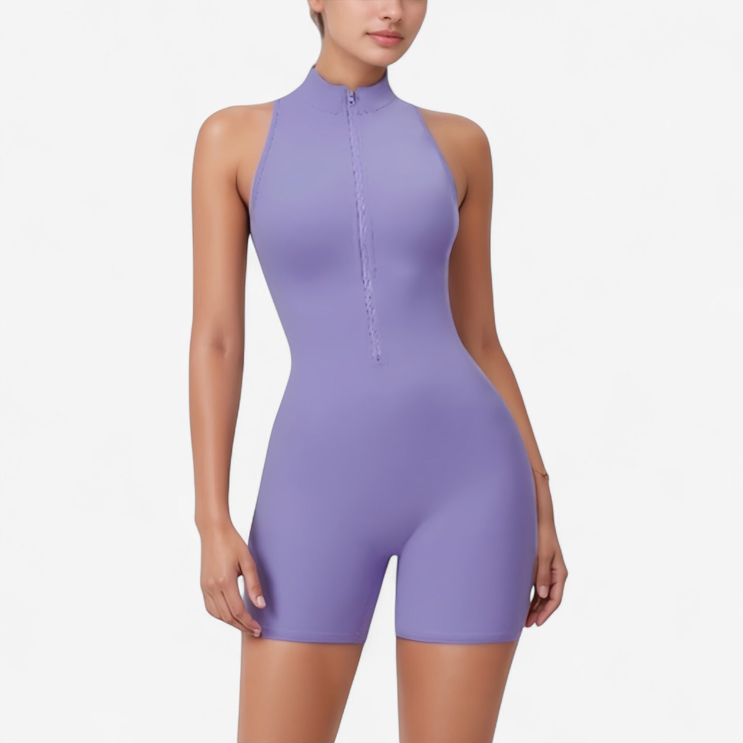 Anna-Kaci Active Women's Sleeveless Zip Front Active Romper with High Neck and Fitted Stretch Fabric