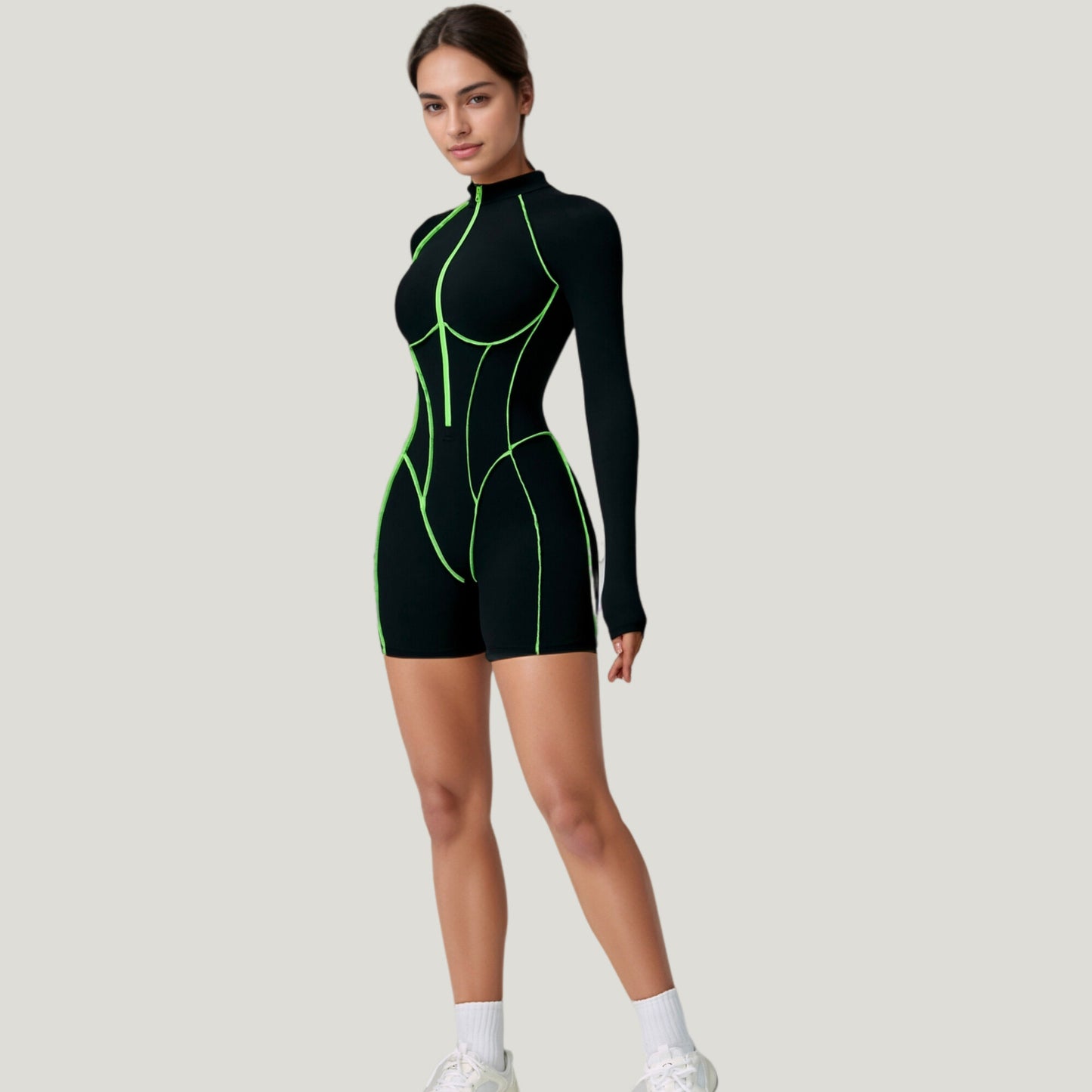 Anna-Kaci Active Women's Long Sleeve Zip Front Active Romper with Neon Piping and Contoured Seams