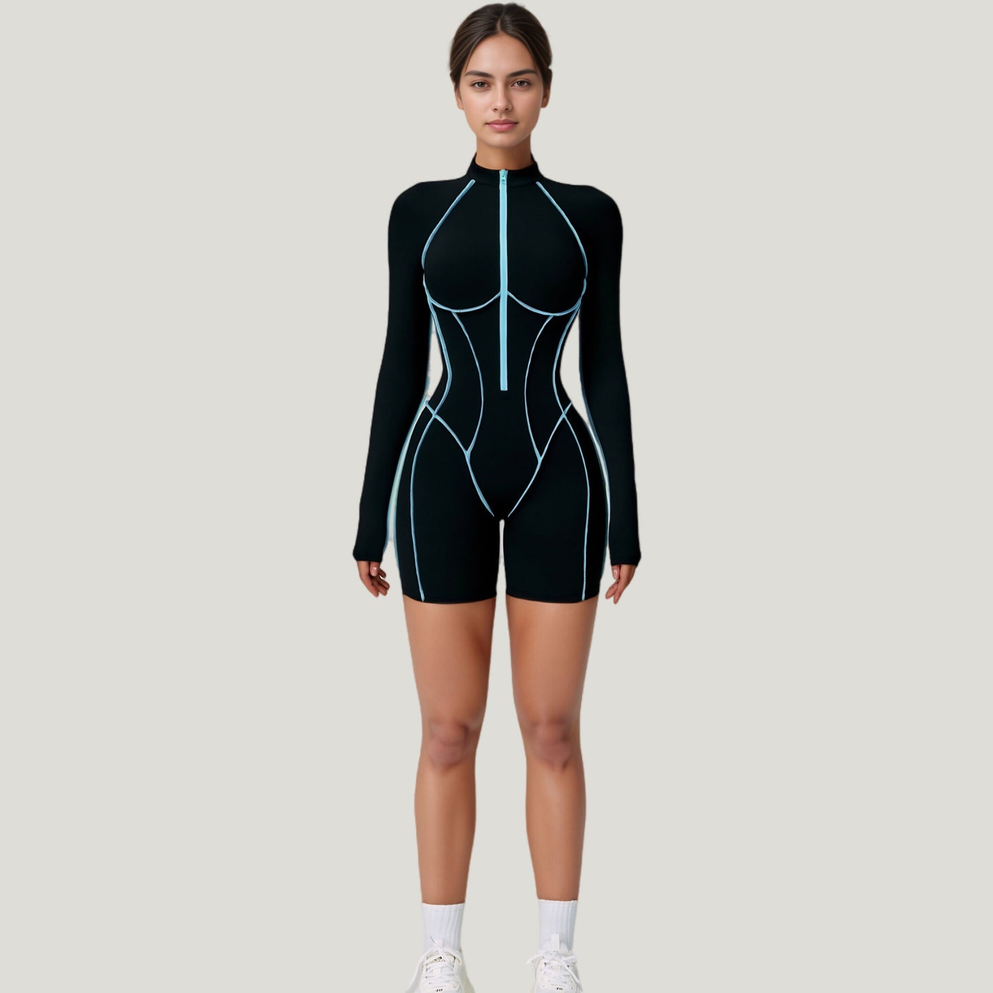 Anna-Kaci Active Women's Long Sleeve Zip Front Active Romper with Neon Piping and Contoured Seams