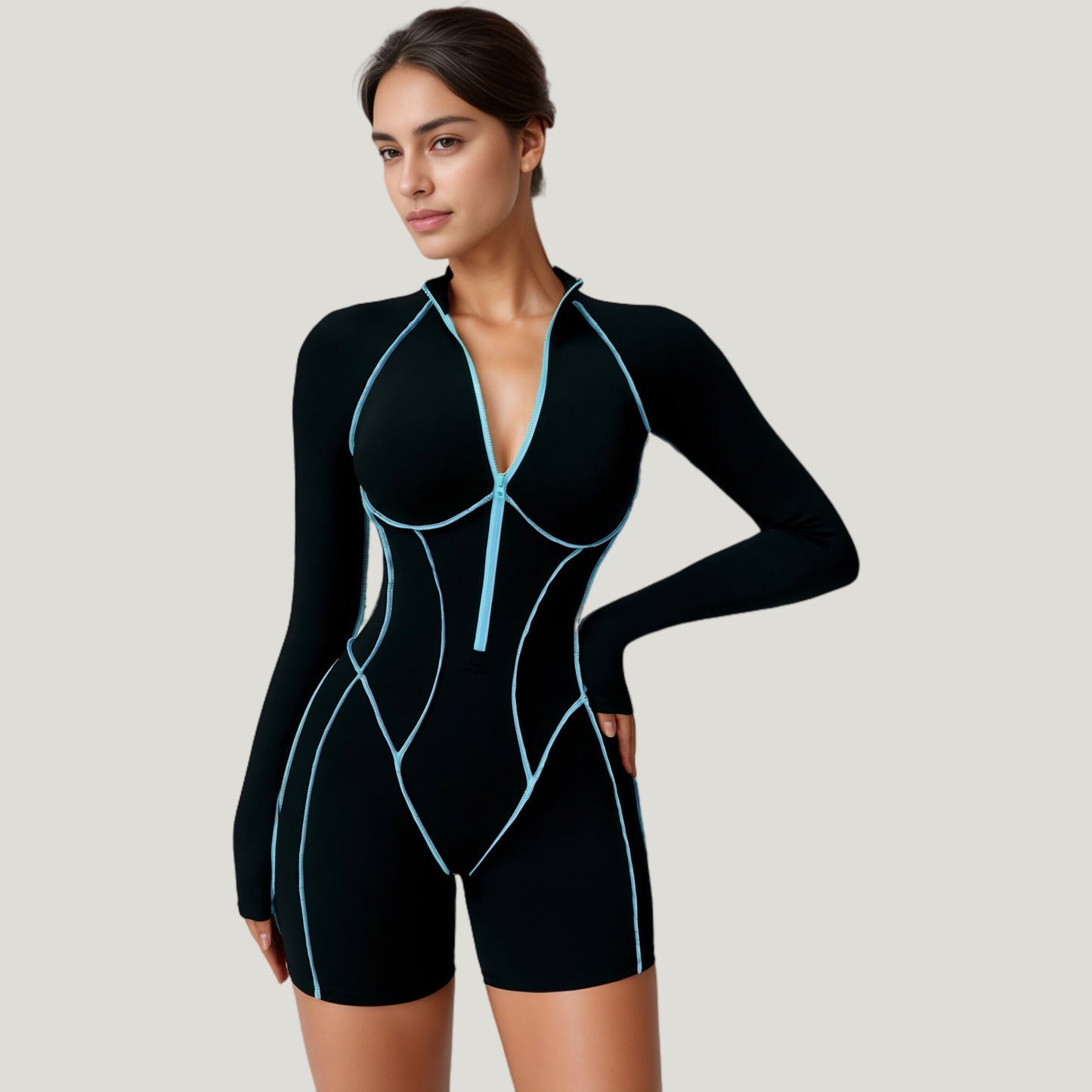 Anna-Kaci Active Women's Long Sleeve Zip Front Active Romper with Neon Piping and Contoured Seams