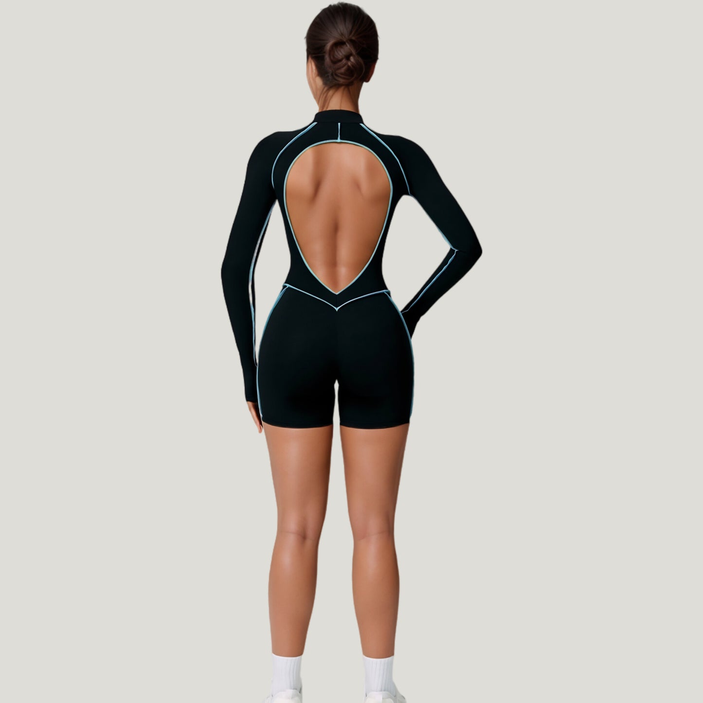 Anna-Kaci Active Women's Long Sleeve Zip Front Active Romper with Neon Piping and Contoured Seams