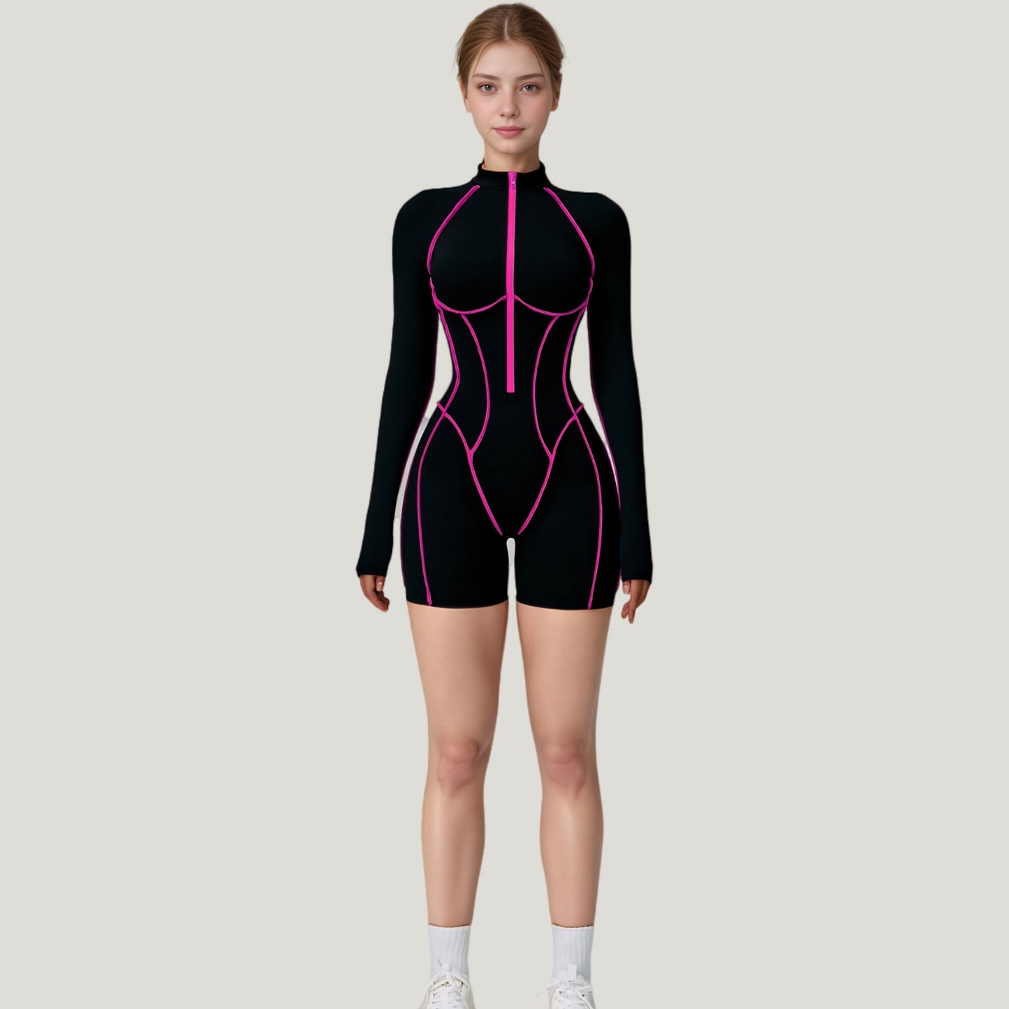 Anna-Kaci Active Women's Long Sleeve Zip Front Active Romper with Neon Piping and Contoured Seams