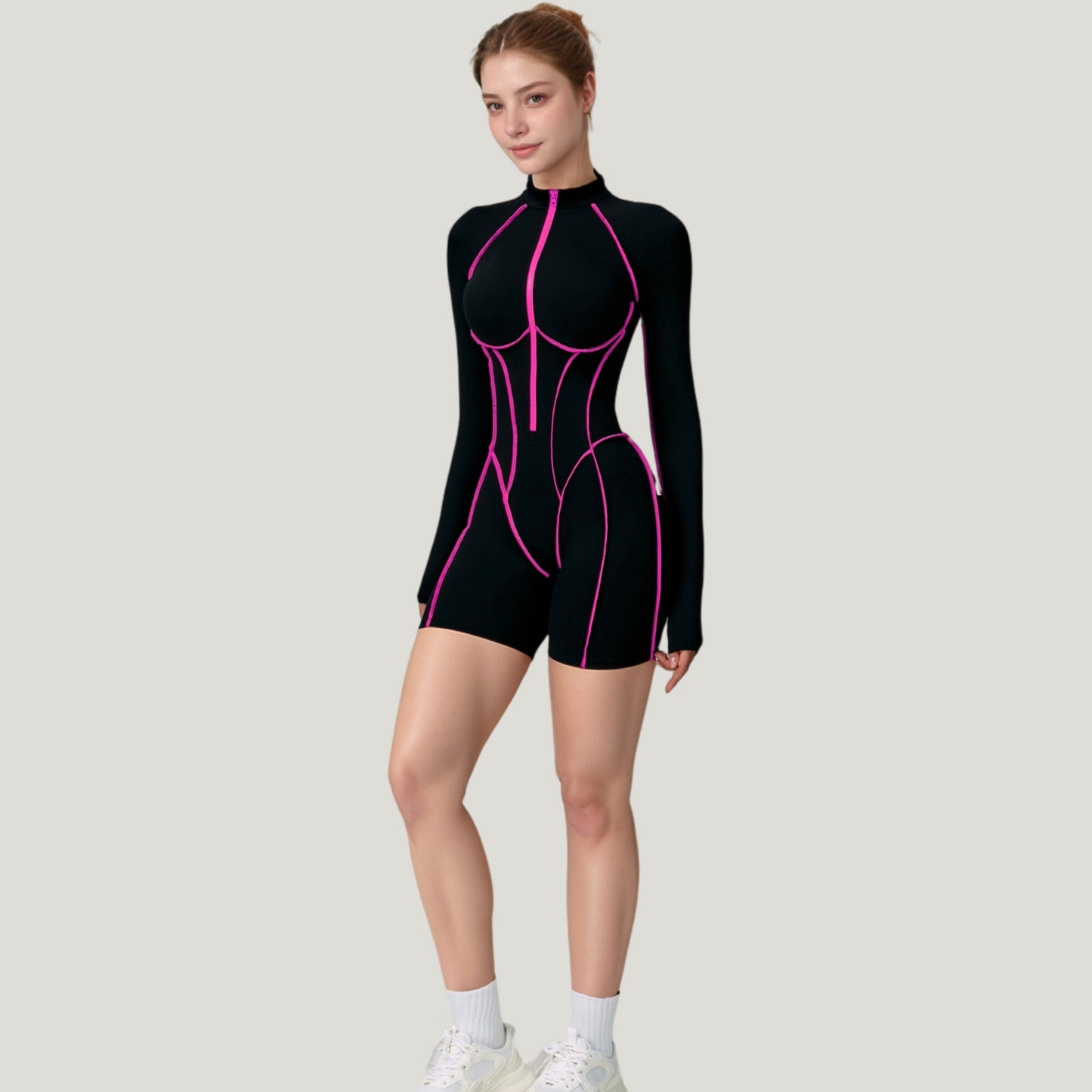 Anna-Kaci Active Women's Long Sleeve Zip Front Active Romper with Neon Piping and Contoured Seams