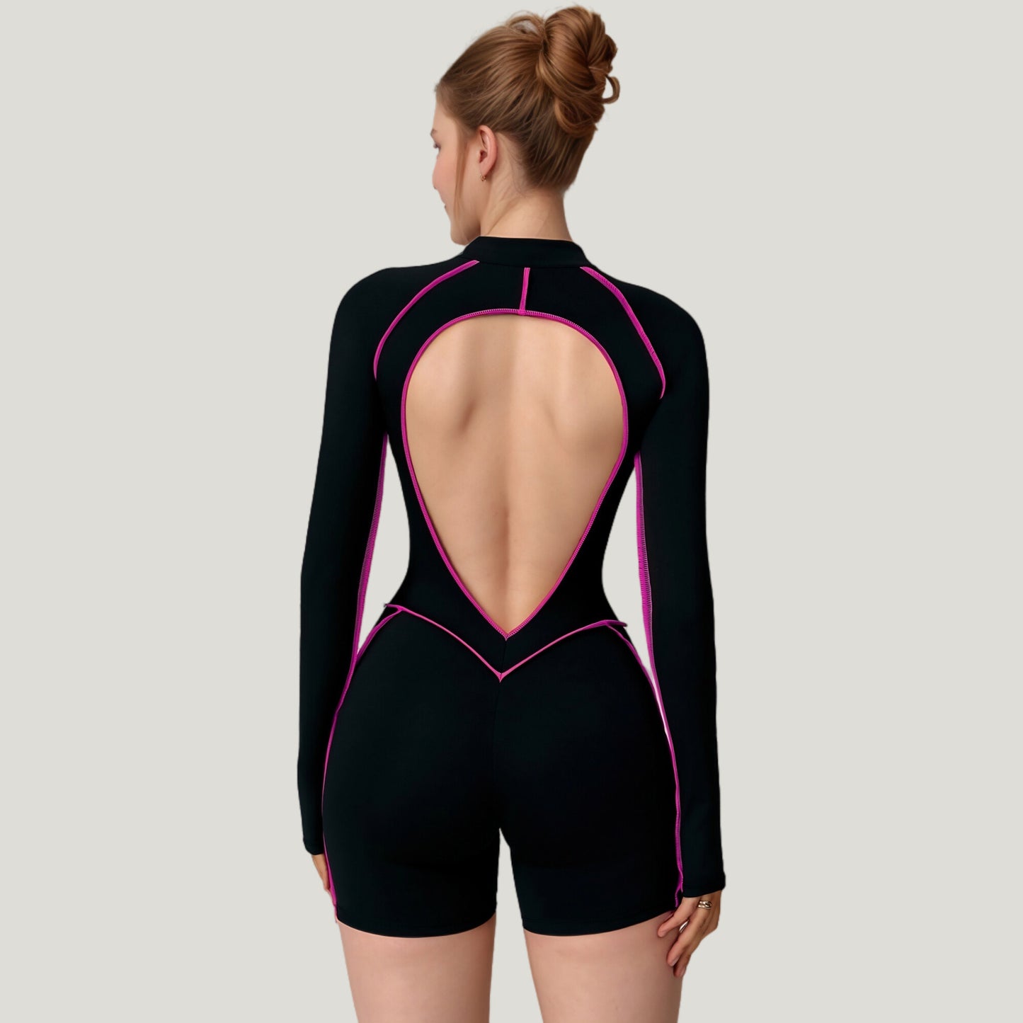 Anna-Kaci Active Women's Long Sleeve Zip Front Active Romper with Neon Piping and Contoured Seams