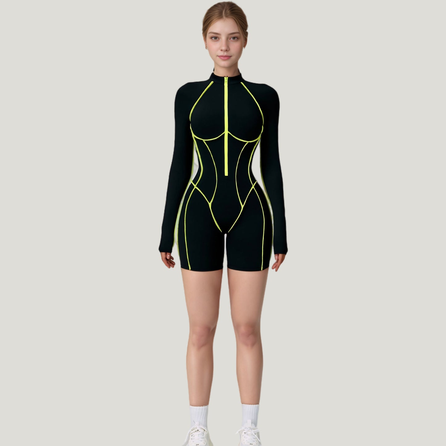 Anna-Kaci Active Women's Long Sleeve Zip Front Active Romper with Neon Piping and Contoured Seams