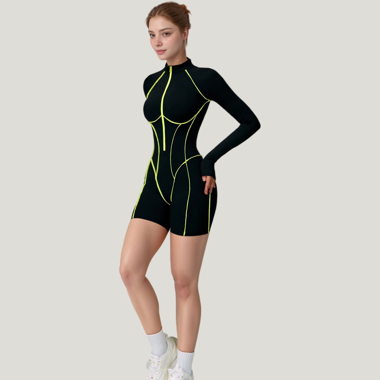 Anna-Kaci Active Women's Long Sleeve Zip Front Active Romper with Neon Piping and Contoured Seams