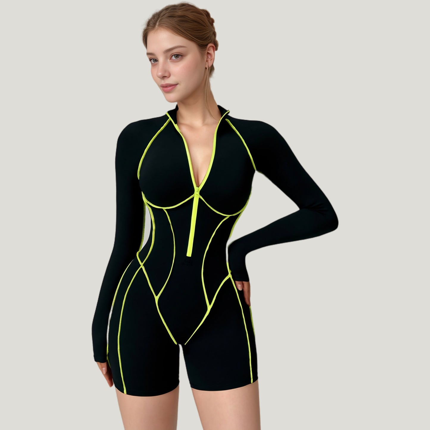Anna-Kaci Active Women's Long Sleeve Zip Front Active Romper with Neon Piping and Contoured Seams
