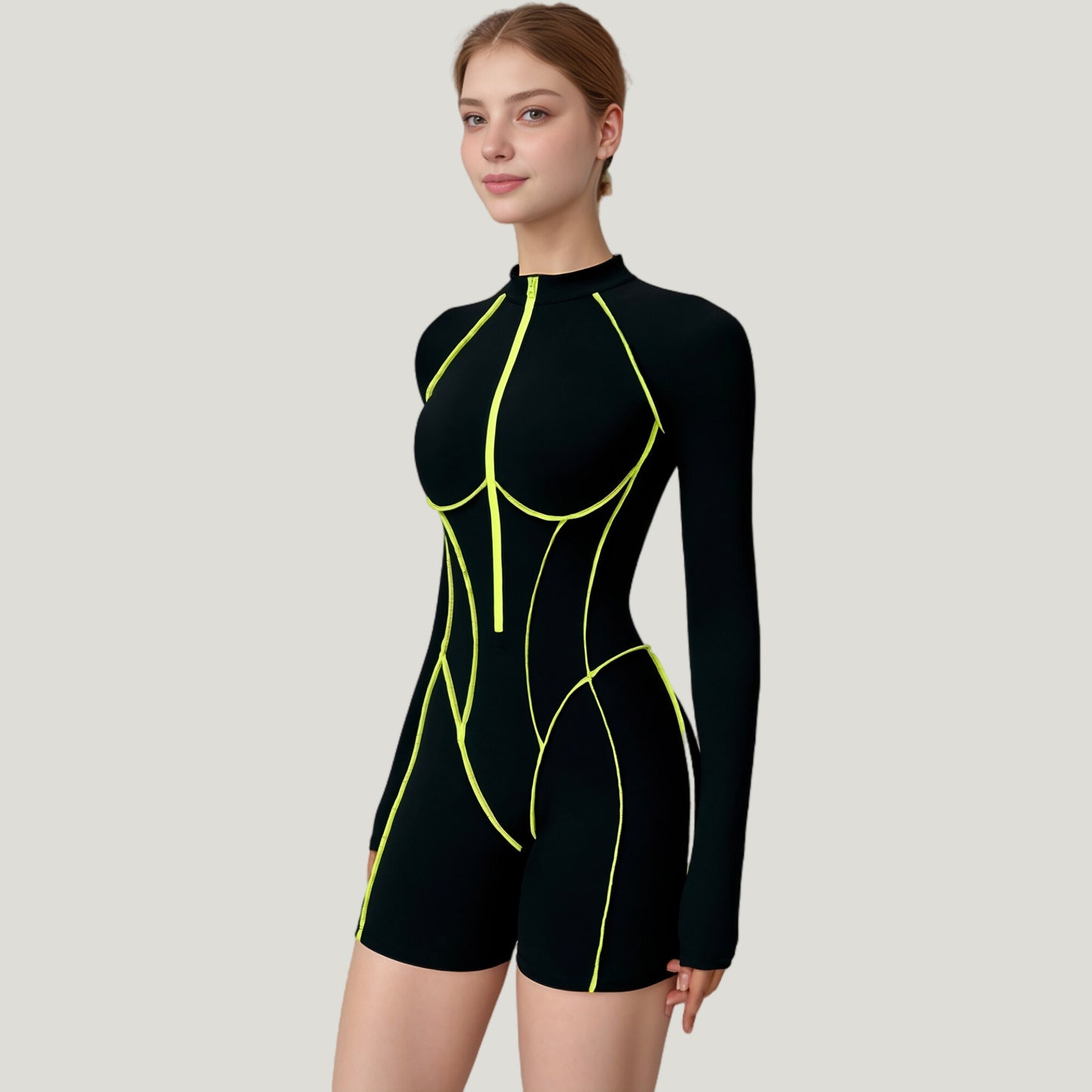 Anna-Kaci Active Women's Long Sleeve Zip Front Active Romper with Neon Piping and Contoured Seams