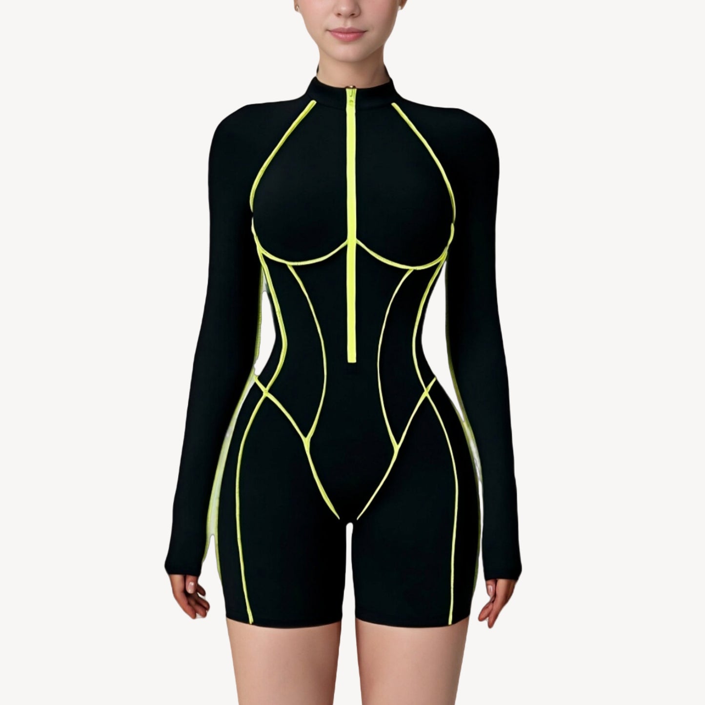 Anna-Kaci Active Women's Long Sleeve Zip Front Active Romper with Neon Piping and Contoured Seams